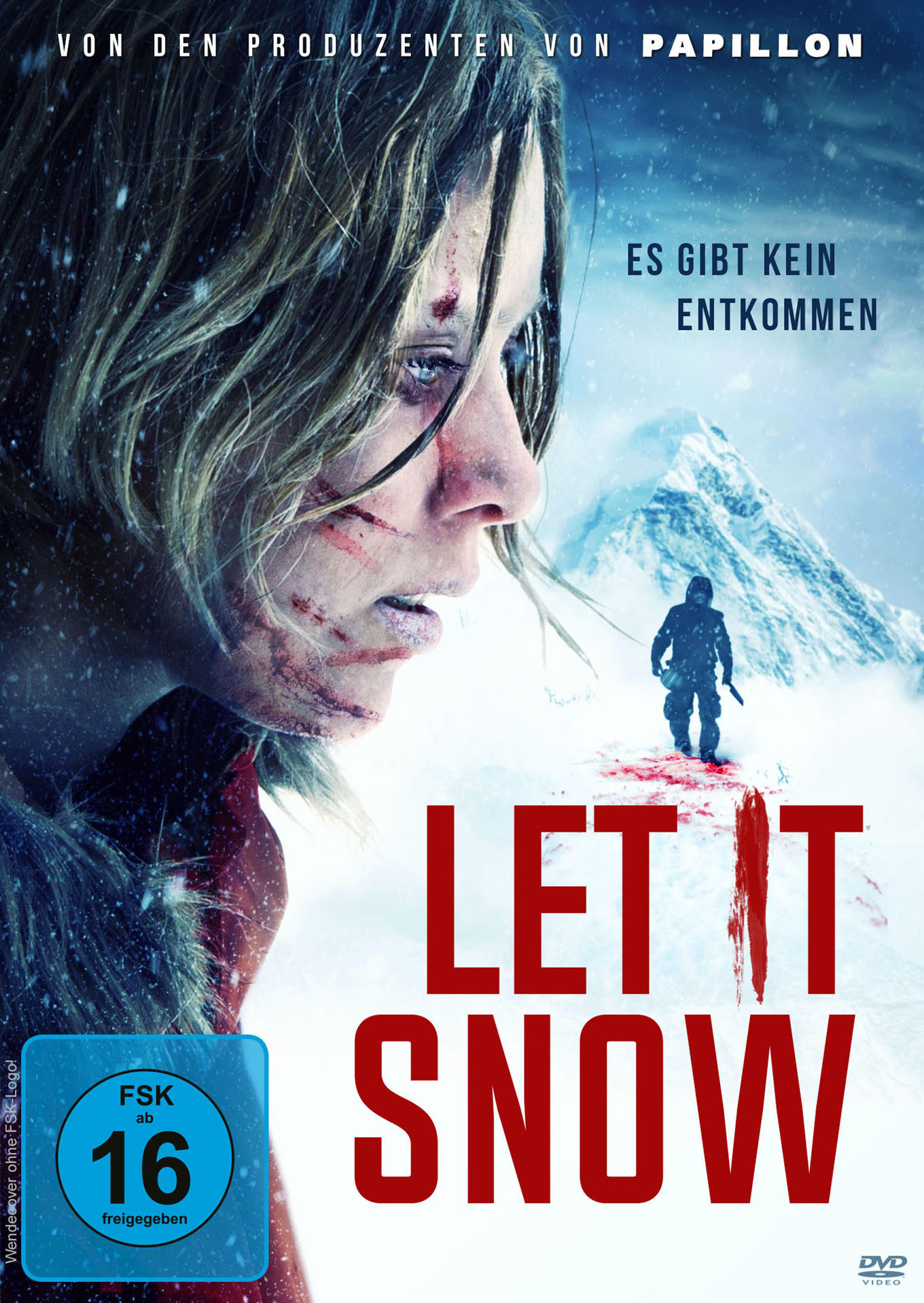 Filmcover: Frau mit blutigem Gesicht im Schnee. Mann mit Waffe im Hintergrund. Titel: Let it Snow.