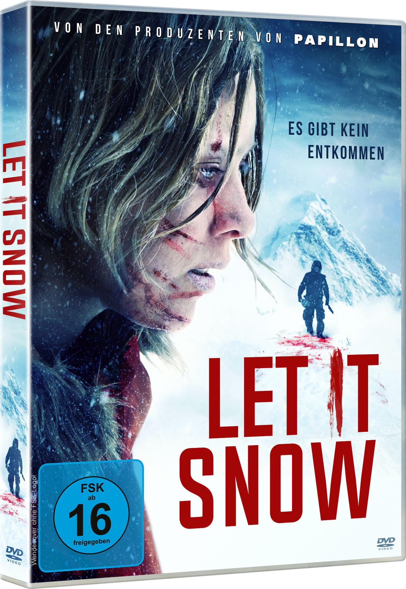 DVD-Cover mit blutüberströmtem Frauengesicht, schneebedeckter Berglandschaft und dem Titel 'Let it Snow'.