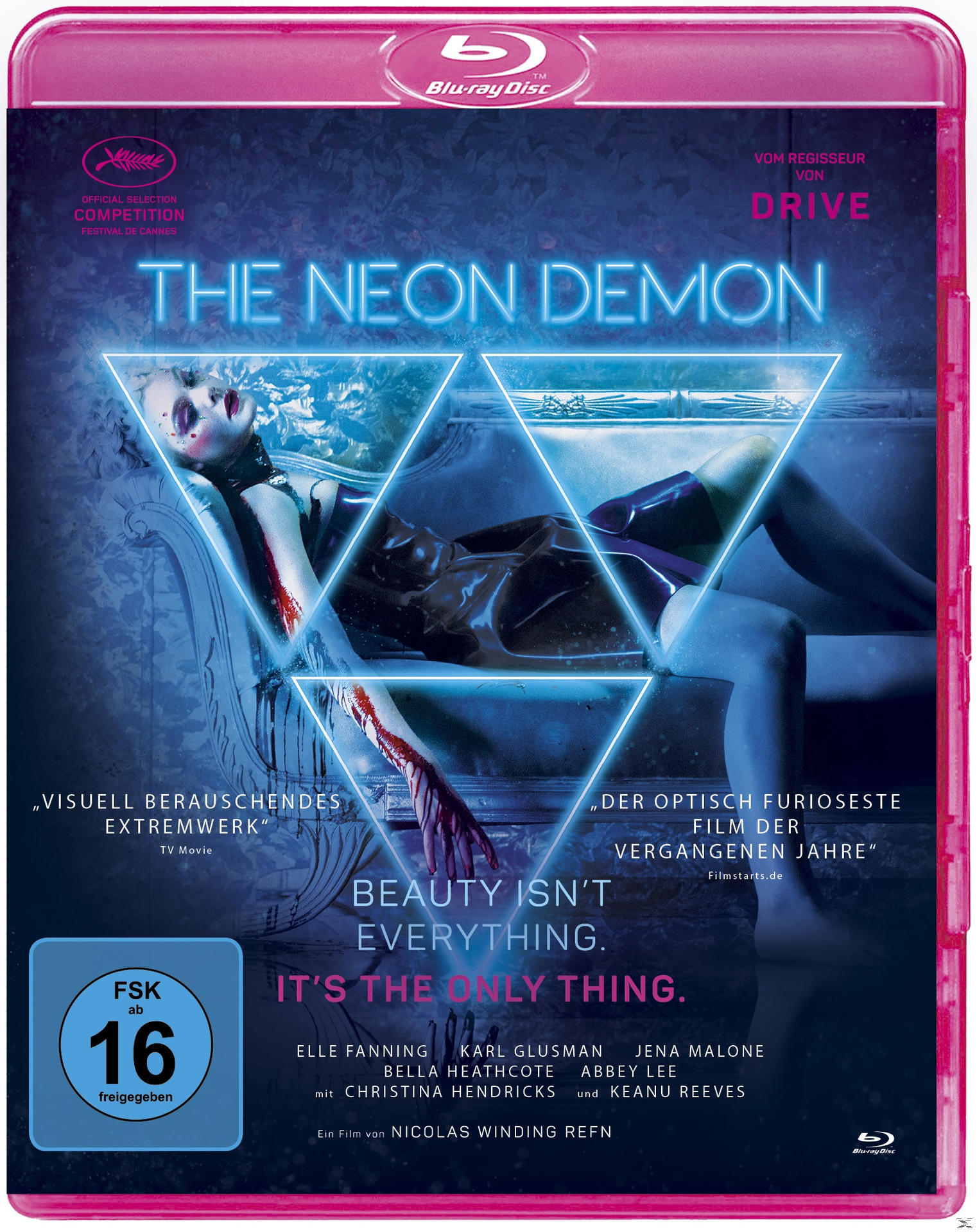 Filmcover 'The Neon Demon'. Eine Frau liegt auf einem Sofa in einer Neon-Szene.