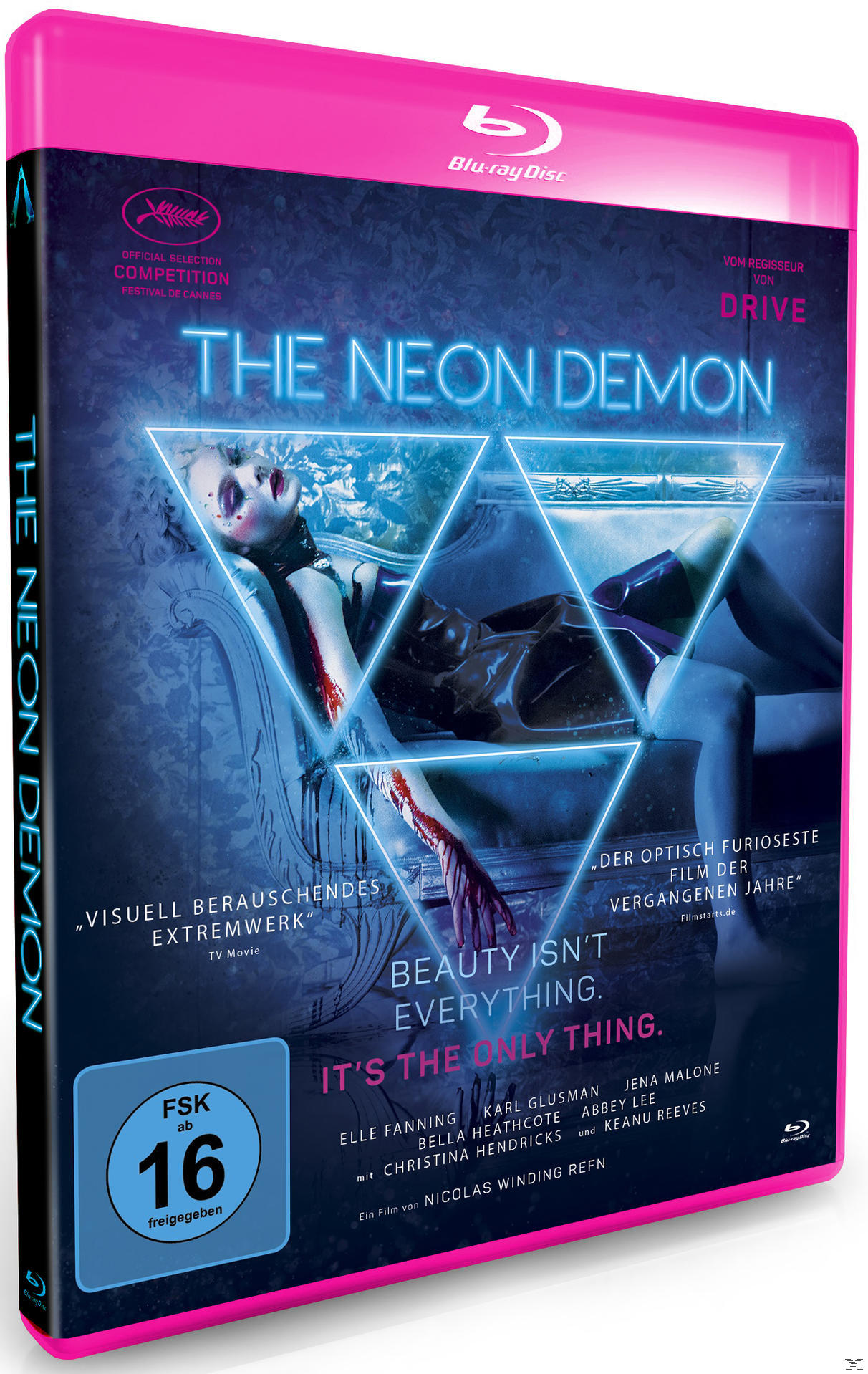 Filmcover: The Neon Demon. Frau mit blauem Neonlicht und Blut. Pinke Blu-ray Disc.