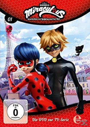 Miraculous DVD-Cover: Marienkäfer und Cat Noir vor dem Eiffelturm. Rotes und schwarzes Farbschema.
