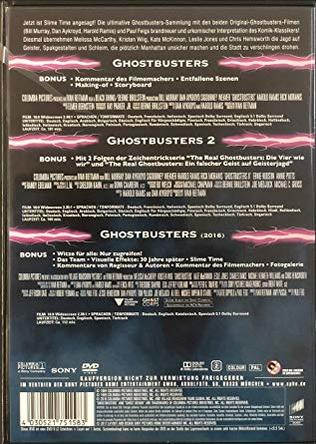 DVD-Hülle hinten mit Text, mehreren Ghostbusters-Filmen und pinkfarbenen Blitzen als Gestaltungselementen.