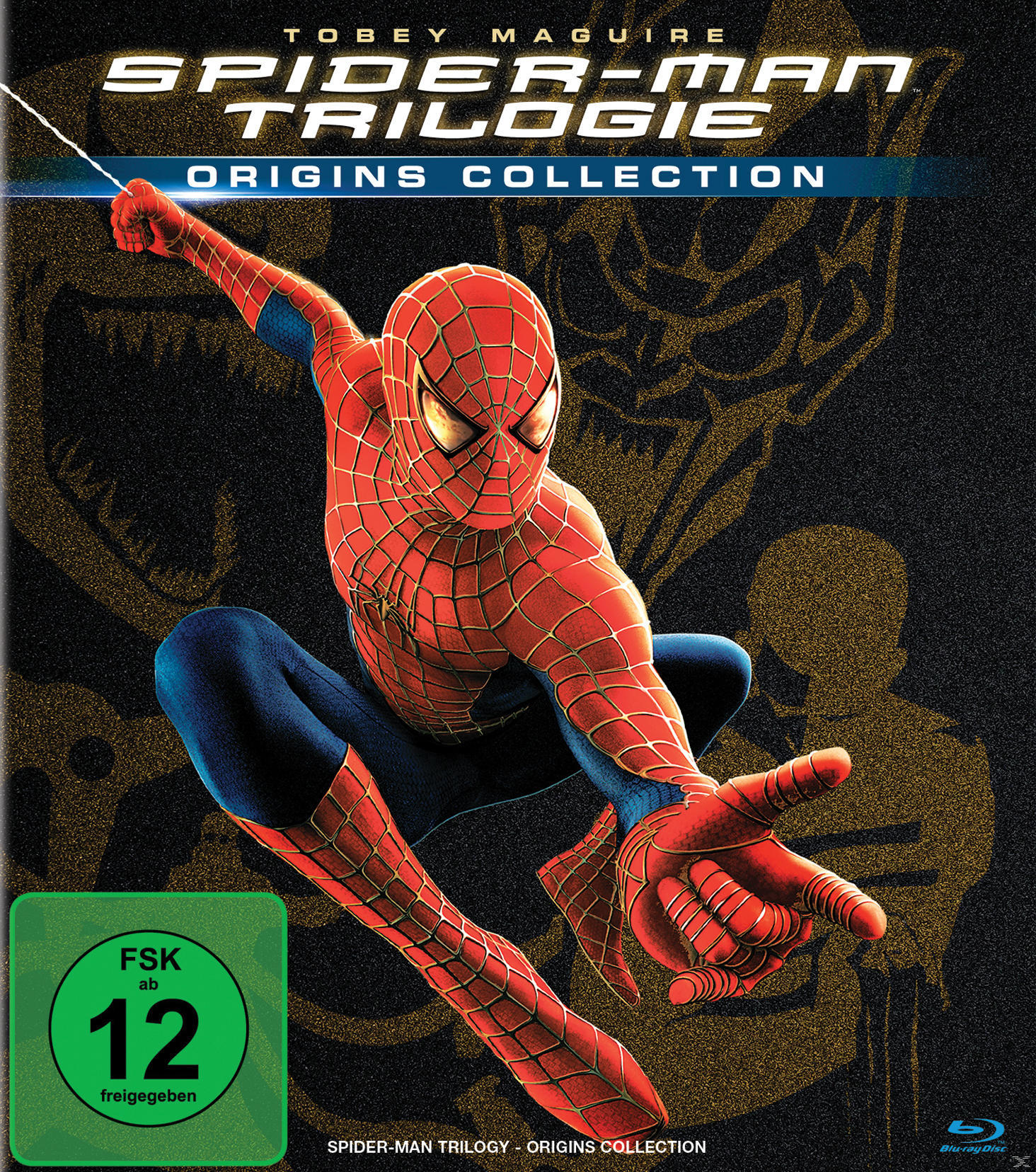 Spider-Man DVD-Cover: Spider-Man in dynamischer Pose. Der Hintergrund ist goldfarben mit Spider-Mans Logo.