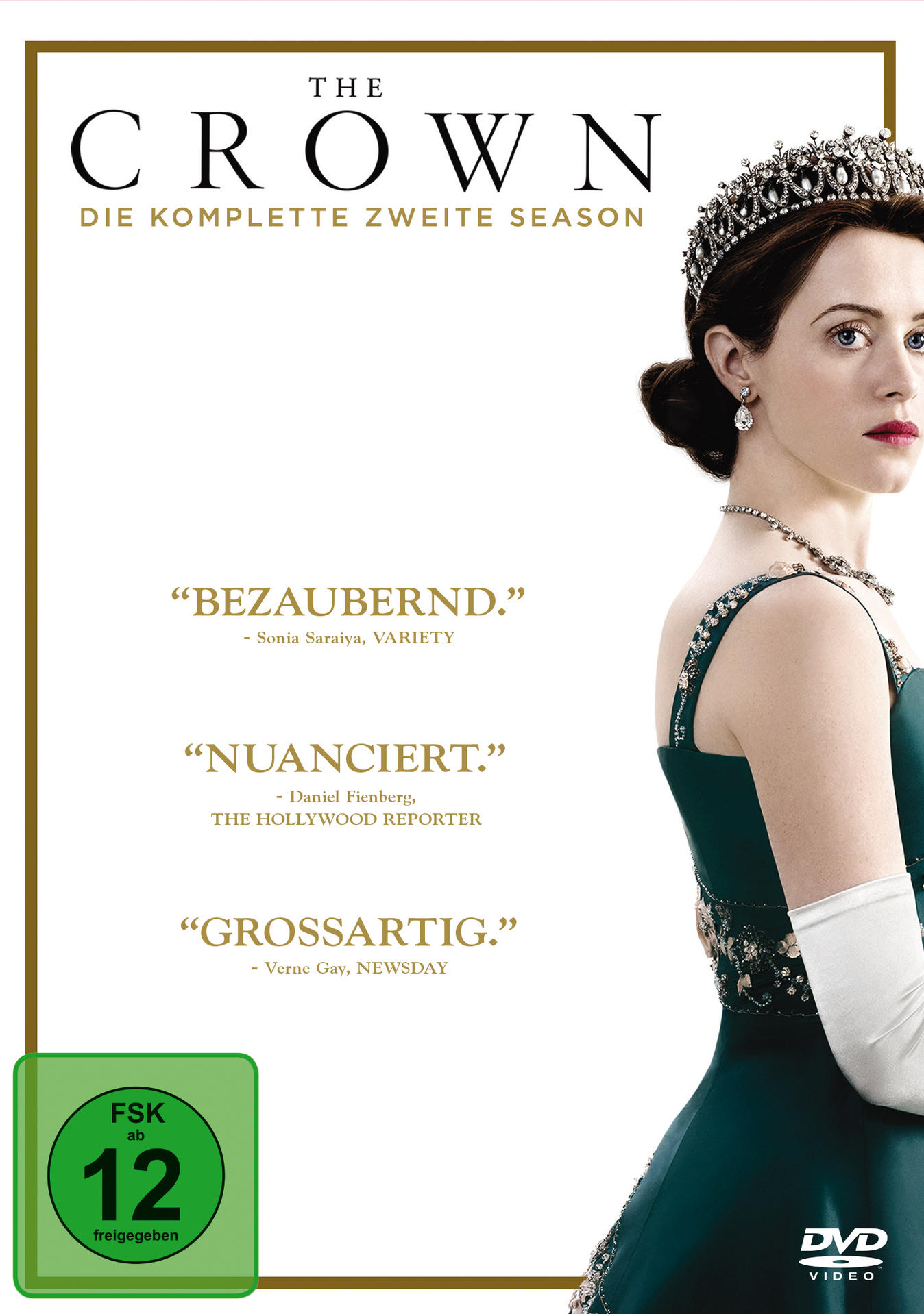 DVD-Cover der Serie The Crown. Es zeigt eine Frau in einer Krone und einem grünen Kleid.