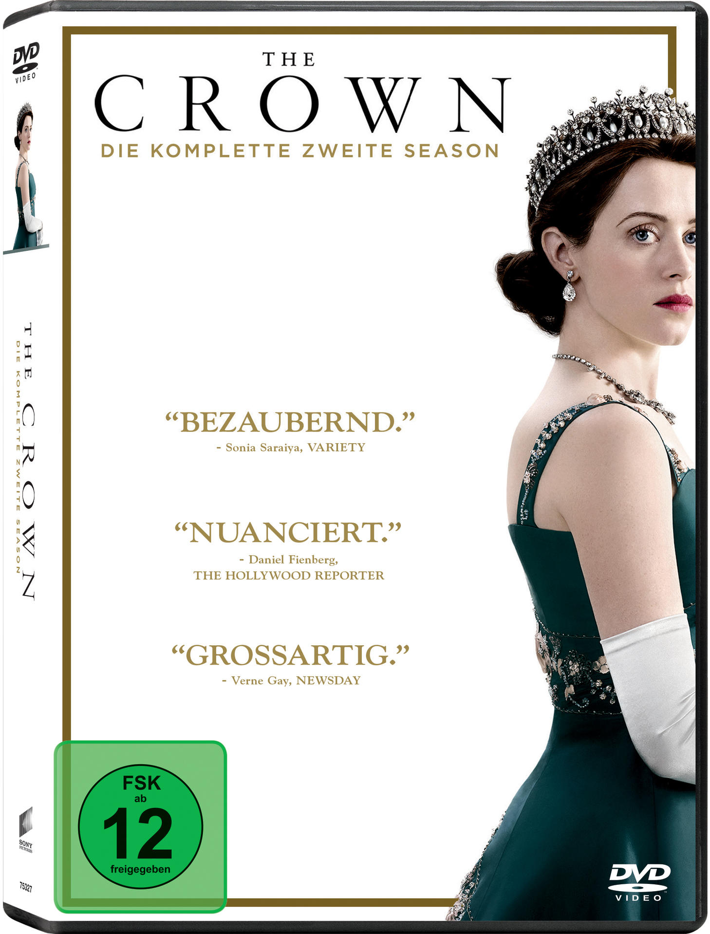 DVD-Cover für The Crown, mit einer Frau im Kleid. Text enthält Bewertungen auf Englisch.