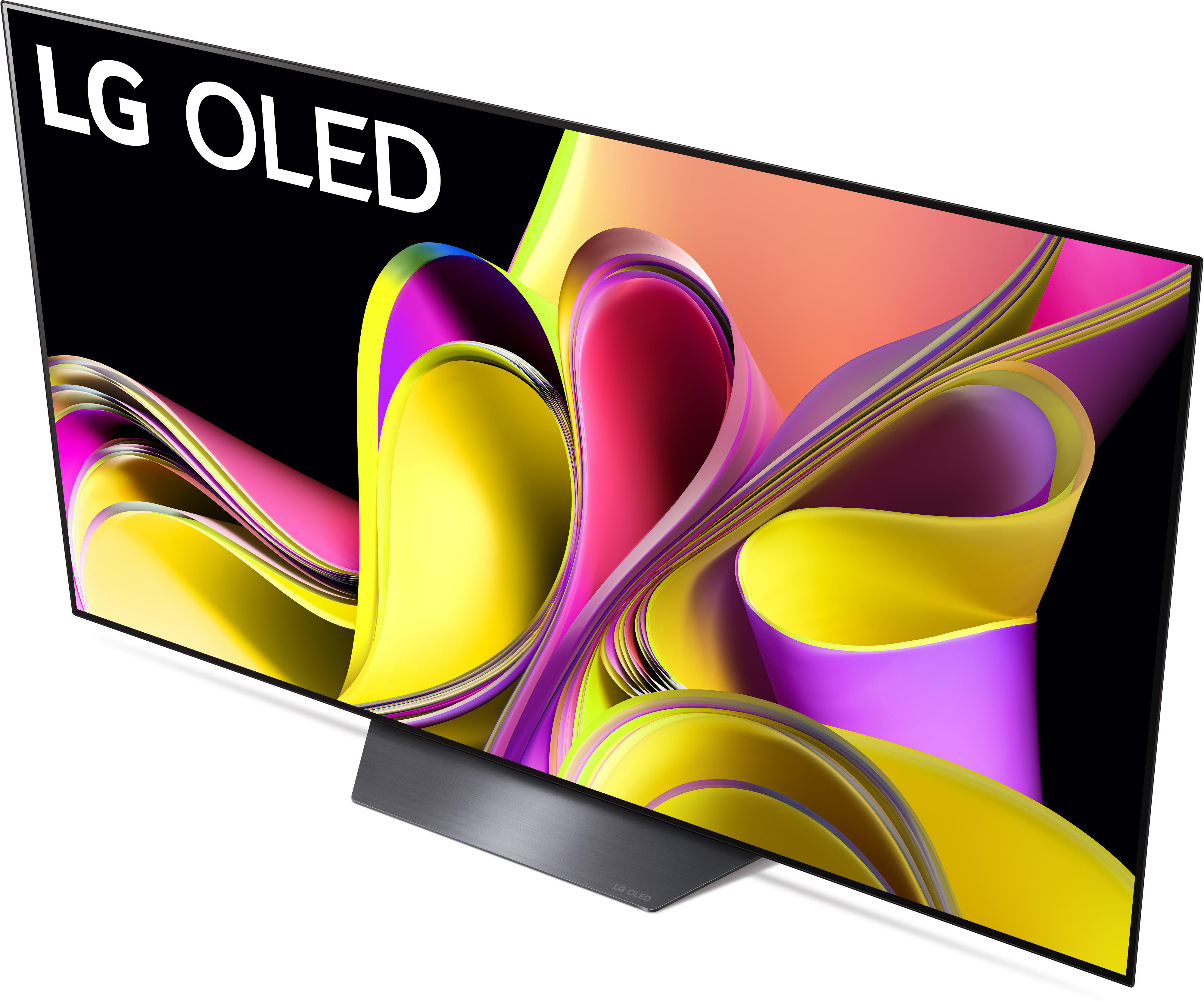 Schwarzer LG OLED TV mit farbenfrohem Bildschirm. Der Fernseher steht auf einem schwarzen Ständer.