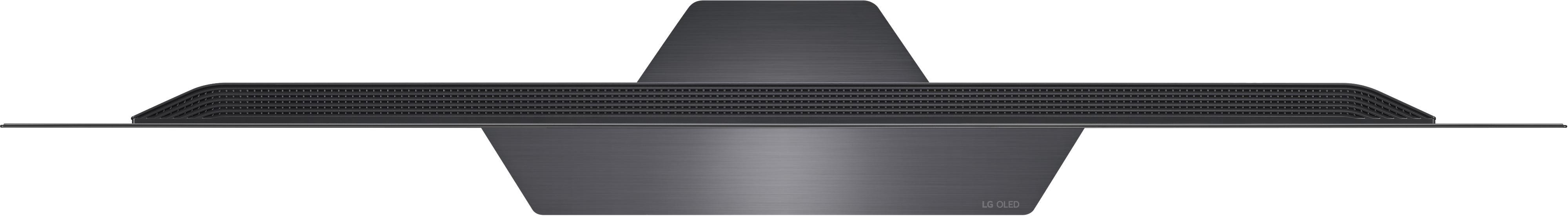 Ein dünner, schwarzer OLED-TV aus der Vogelperspektive, mit dem LG-Logo.