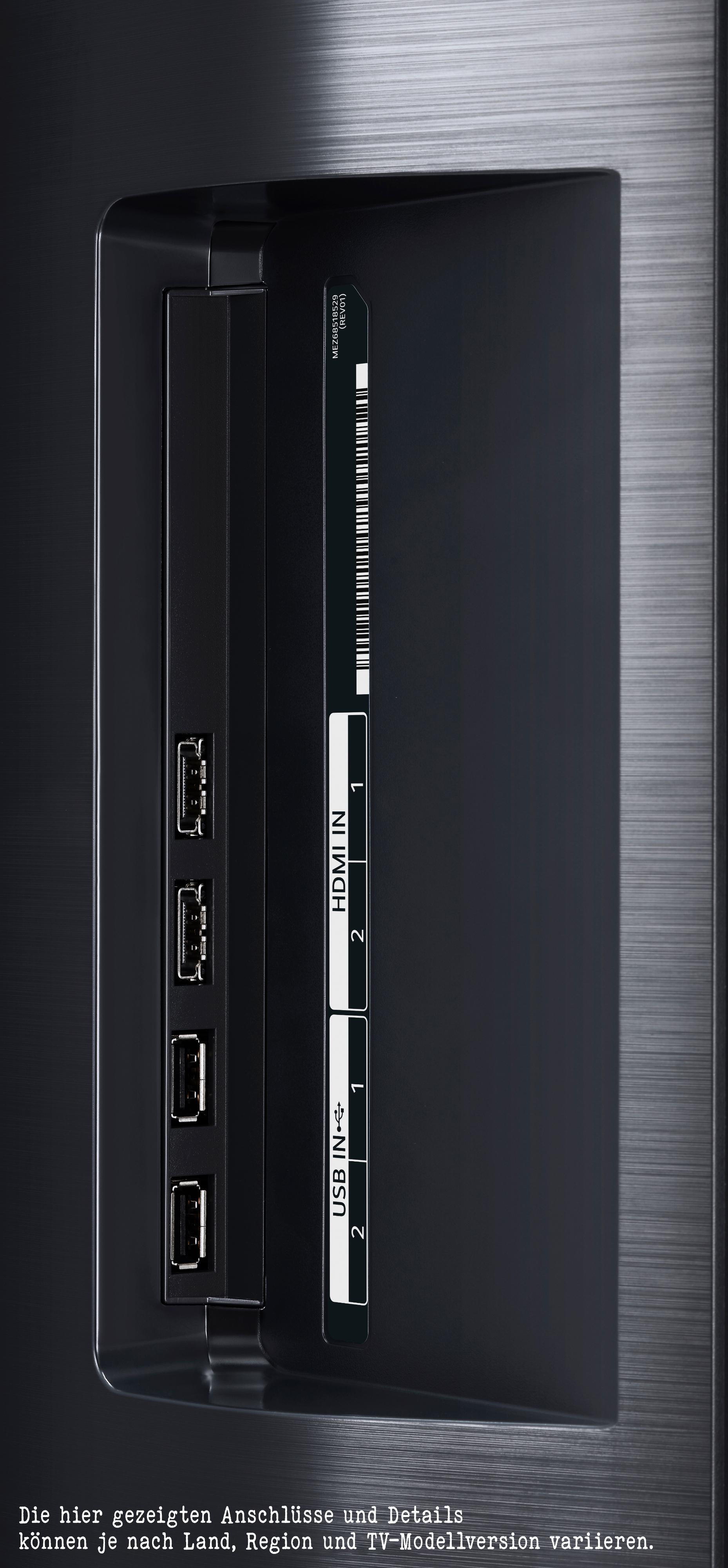 Nahaufnahme der Rückseite eines Fernsehers mit Anschlüssen: USB und HDMI.