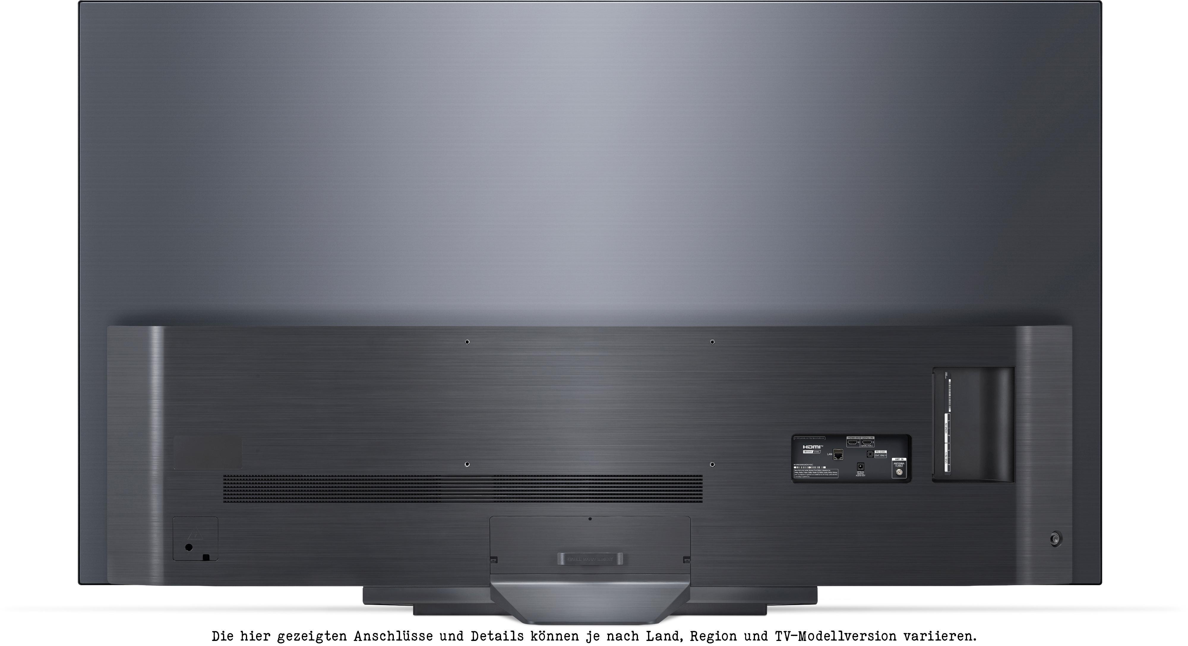 Rückseite eines dunkelgrauen LG-Fernsehers mit Anschlüssen und einem zentralen Panel. Weißer Hintergrund.