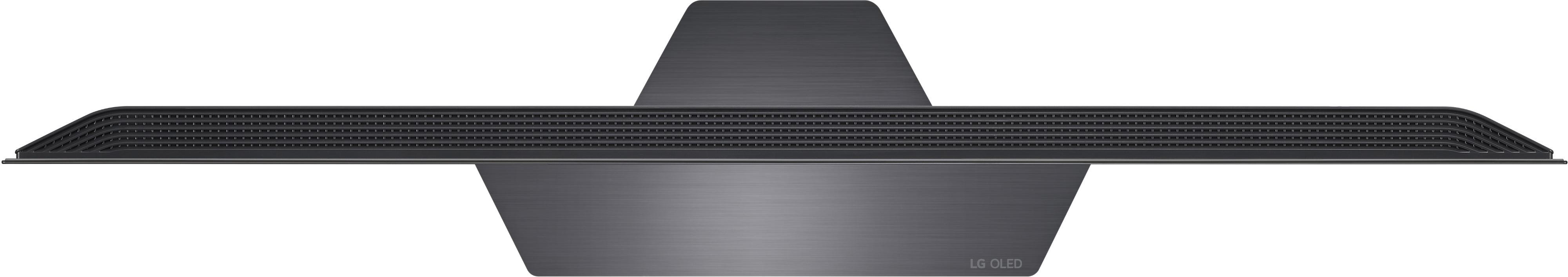 Die Unterseite eines LG OLED-Fernsehers. Es ist eine flache, dunkle Farbe mit dem Markennamen 'LG OLED' unten.