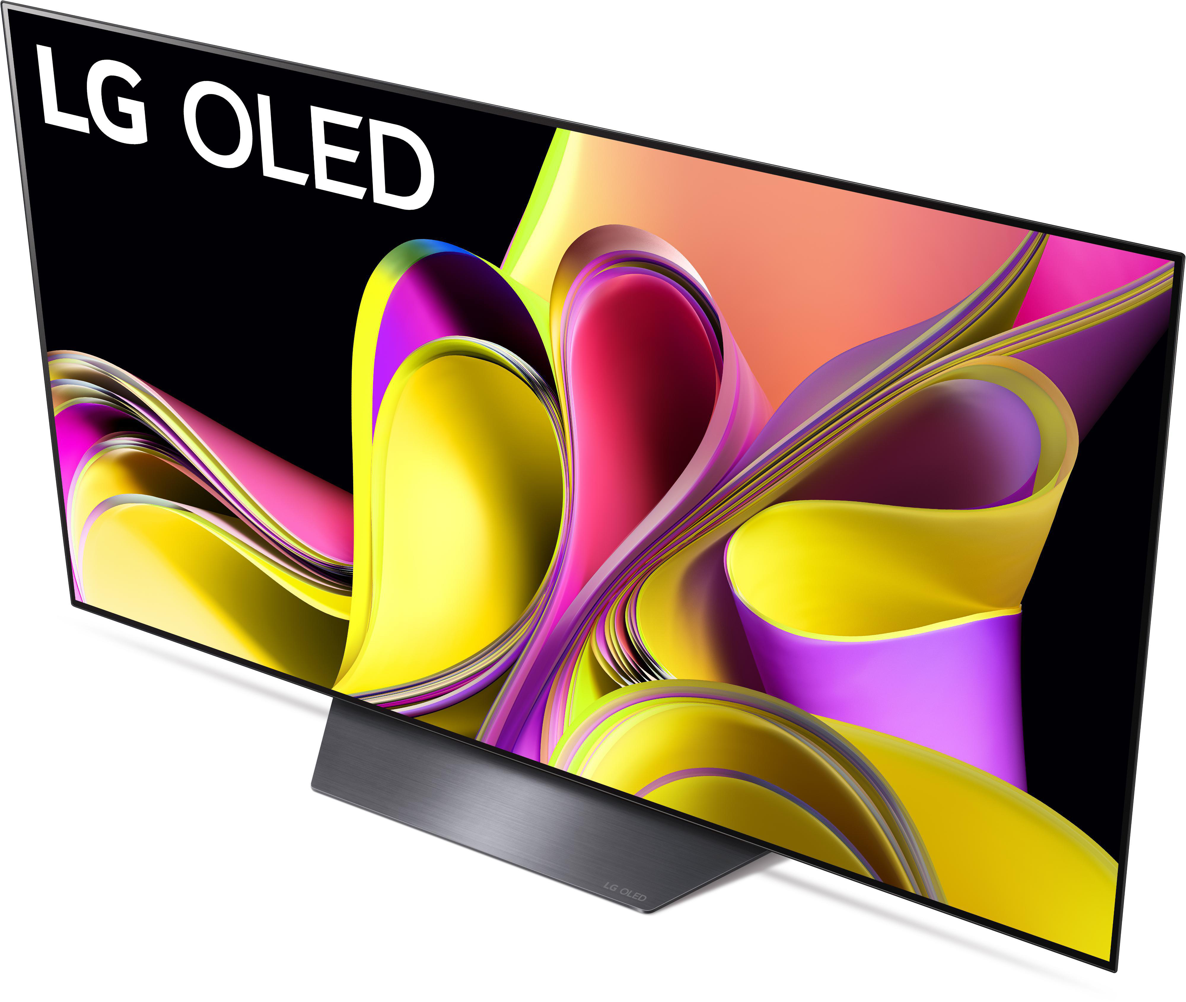 LG OLED-TV mit einem lebendigen, abstrakten Bild. Der Fernseher ist schwarz und elegant.