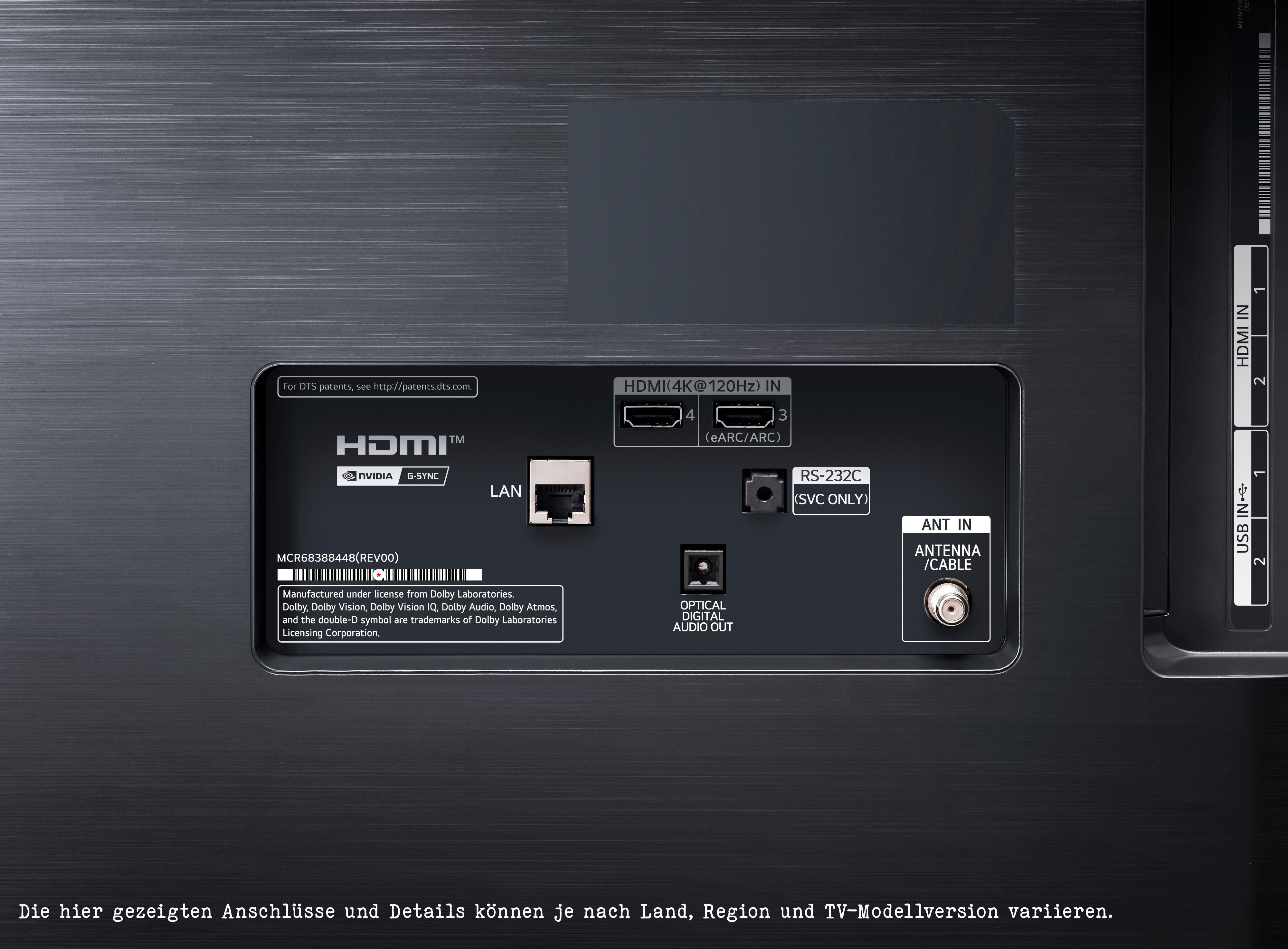 Die Rückseite eines Fernsehers mit mehreren Anschlüssen für HDMI, USB und Antennen.