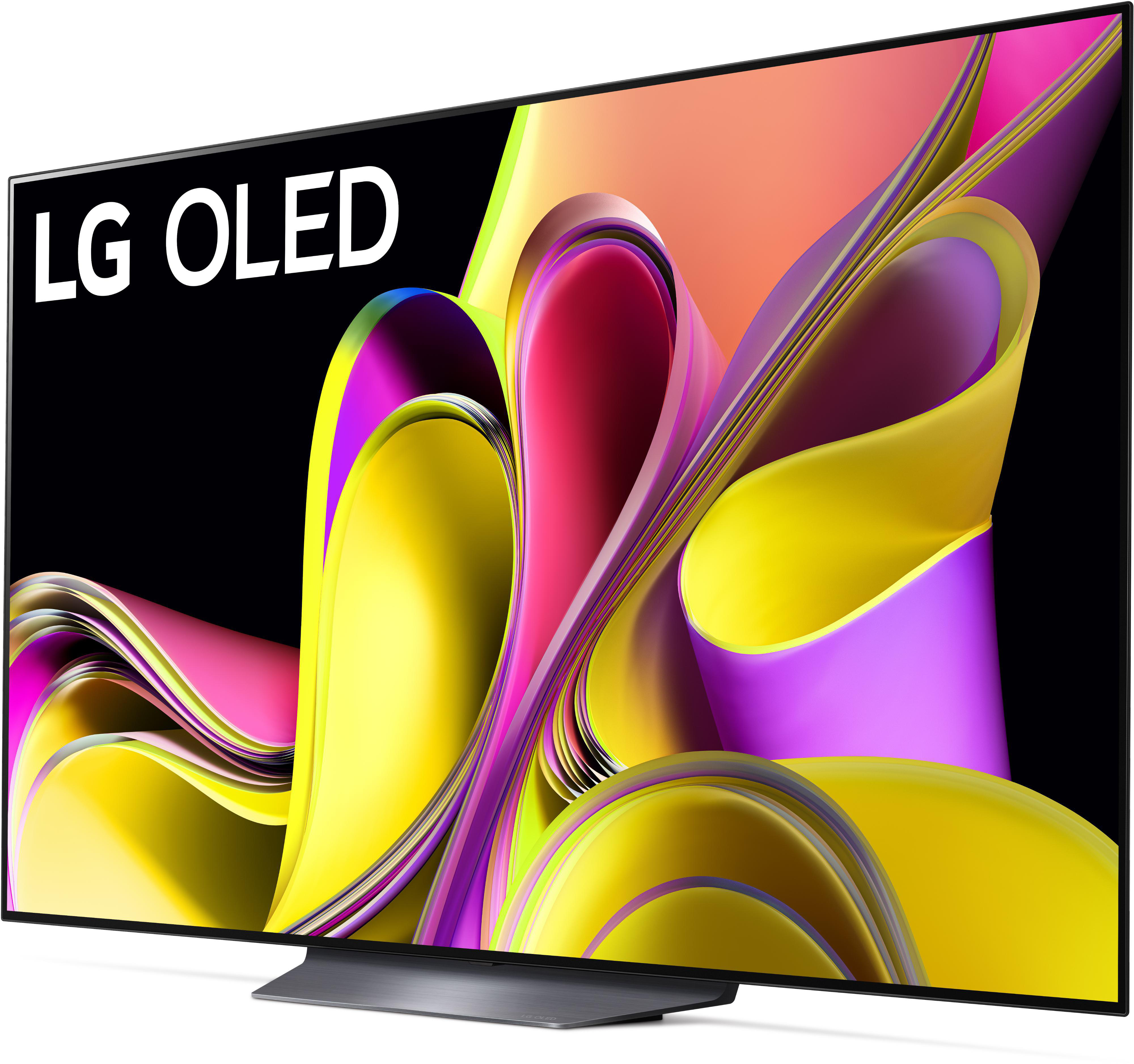 LG OLED TV. Schwarzer Rahmen, farbenfrohes abstraktes Design auf dem Bildschirm. Weißes LG OLED Logo, schwarzer Standfuß.