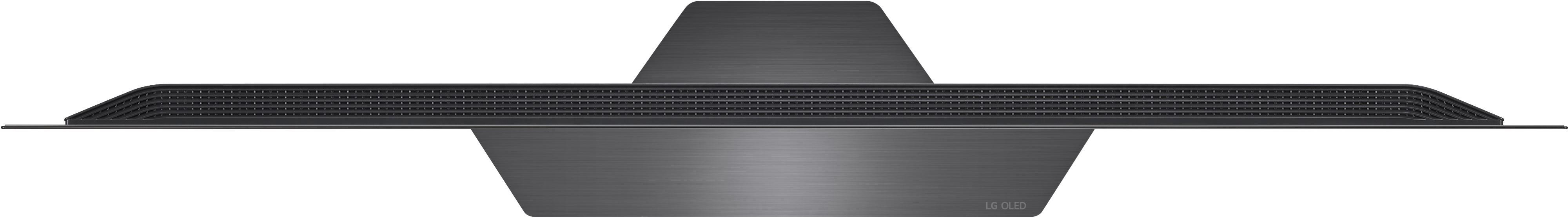 Ein schlanker, schwarzer LG OLED-Fernseher. Der Bildschirm ist schwarz, mit einem dünnen silbernen Rahmen und dem LG-Logo.