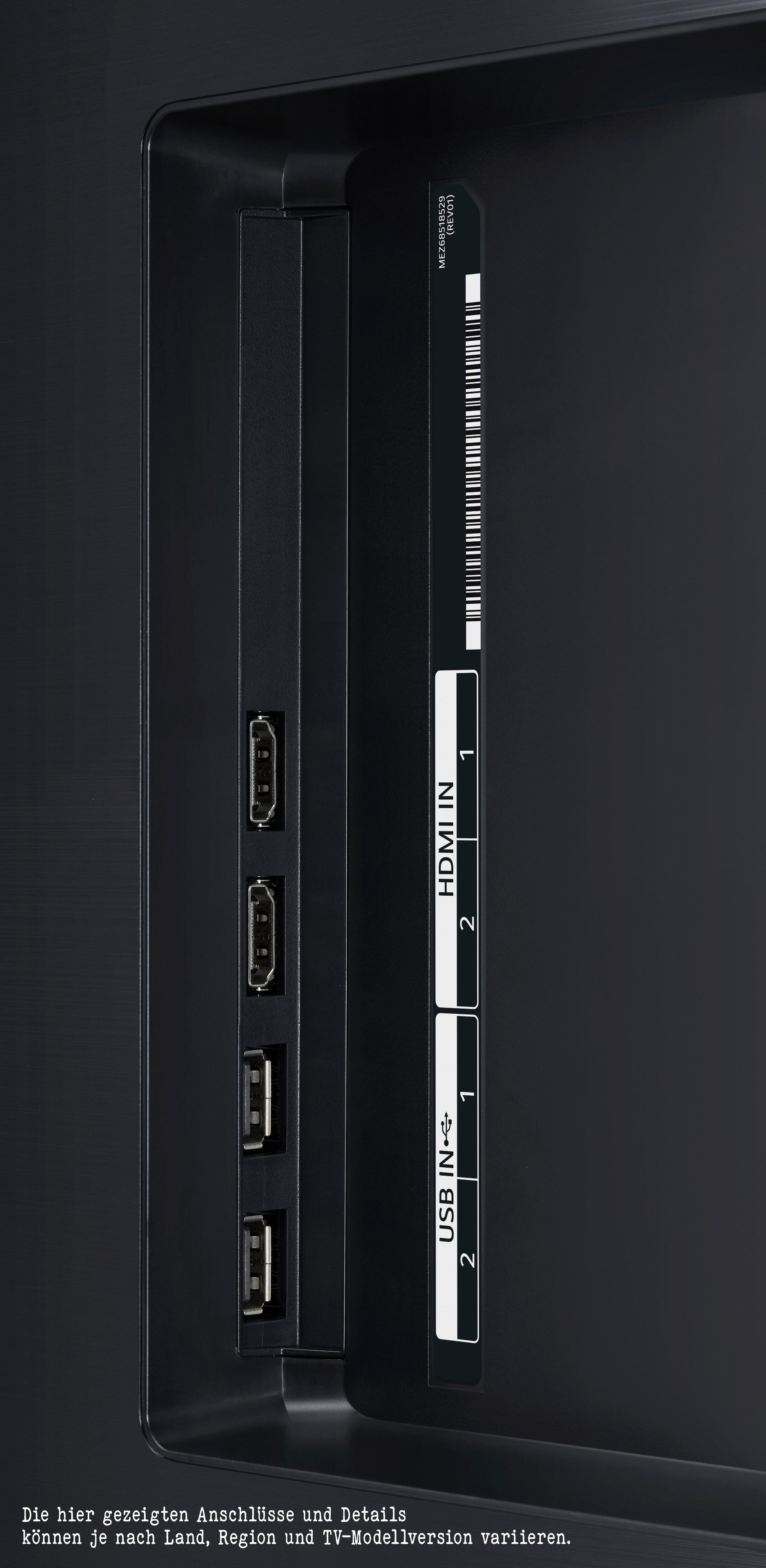 Nahaufnahme der Rückseite des Fernsehers mit Anschlüssen für HDMI und USB.