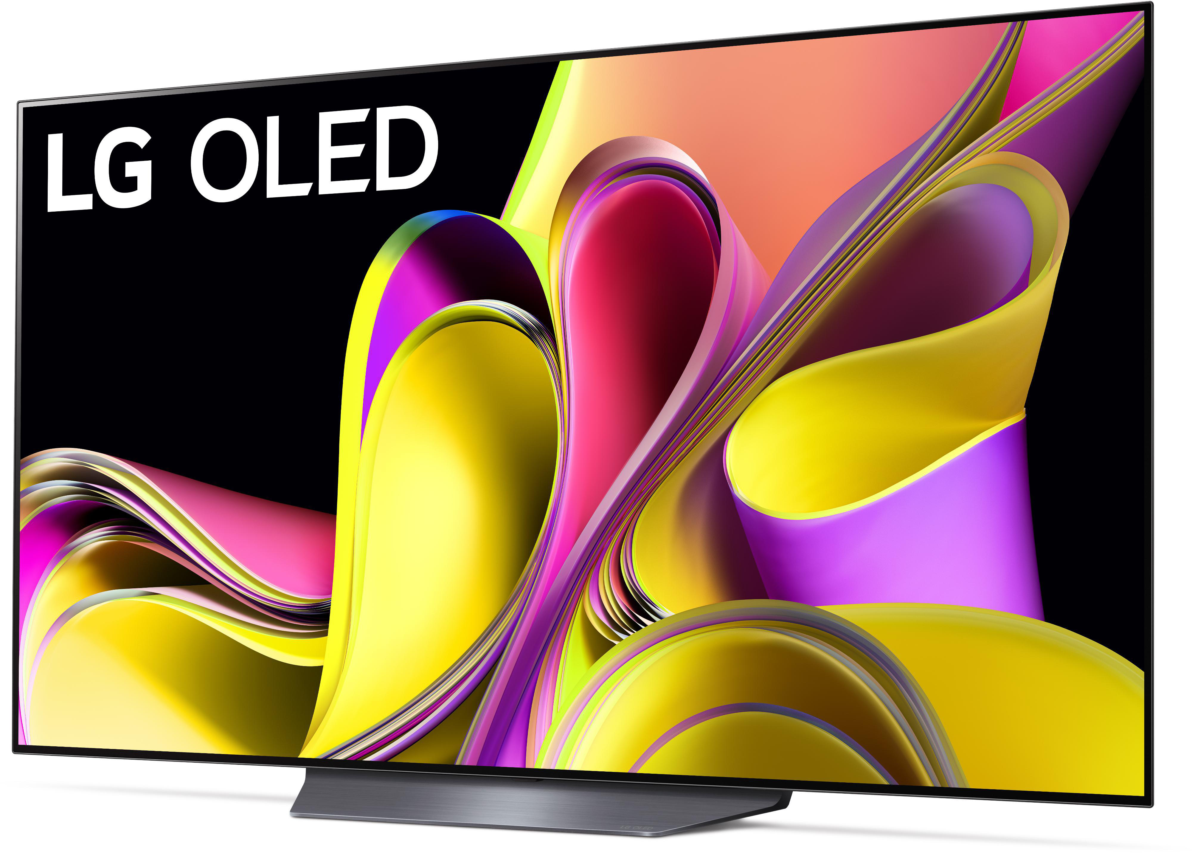 LG OLED-Fernseher, schräge Ansicht, zeigt farbenfrohe abstrakte Kunst auf schwarzem Hintergrund.