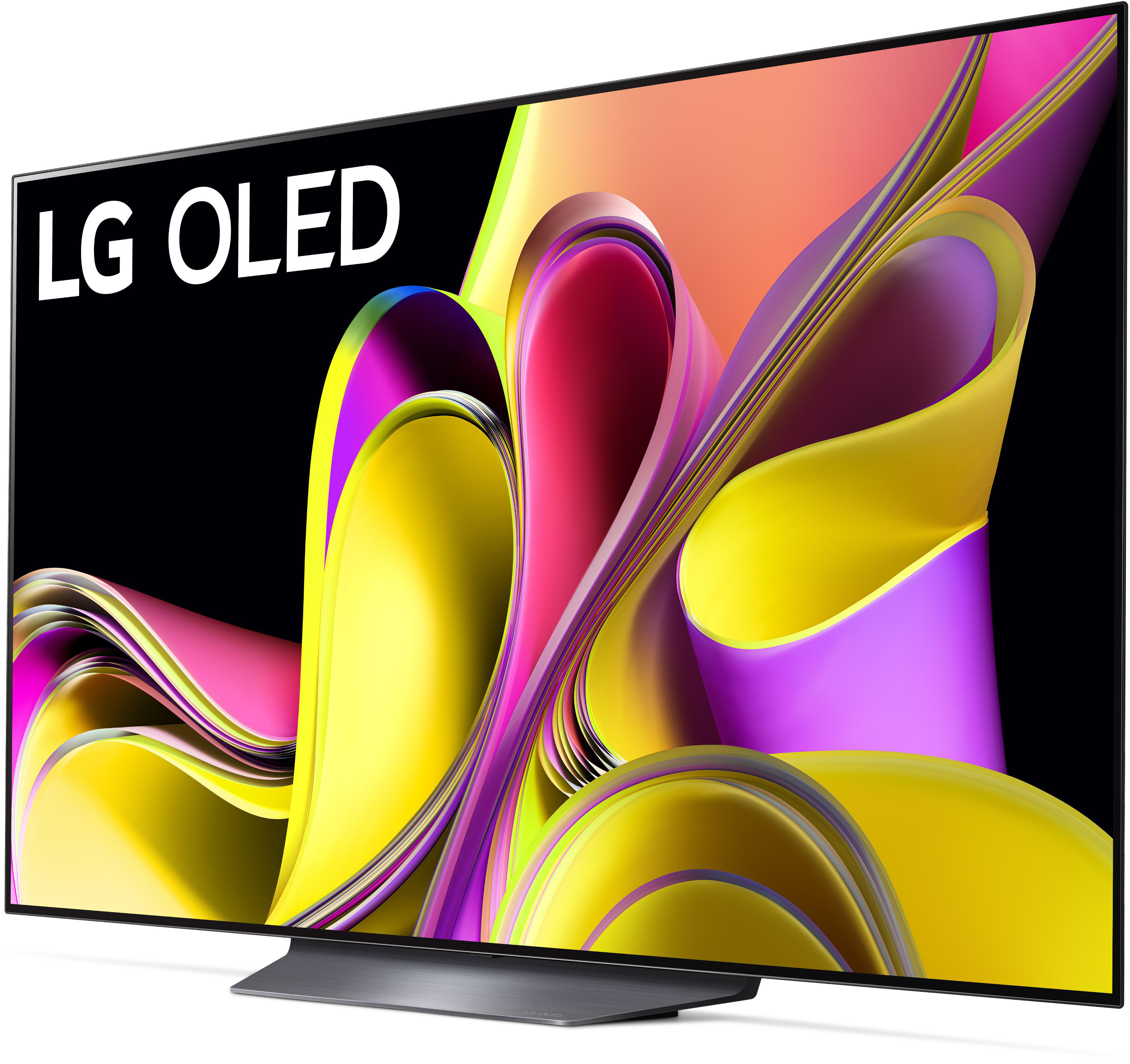 LG OLED TV. Der Bildschirm zeigt ein farbenfrohes abstraktes Design auf schwarzem Grund.