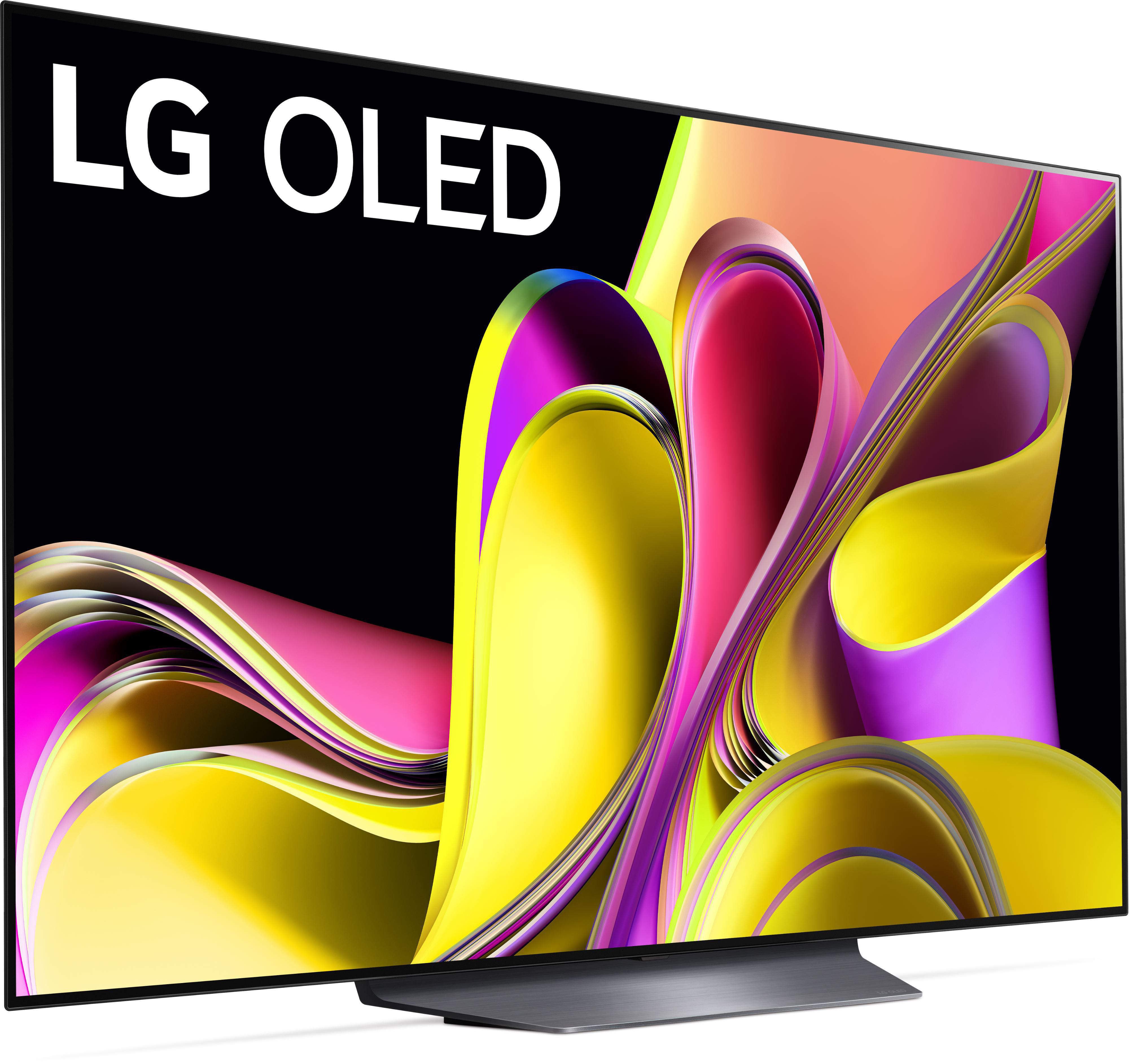 Großer LG OLED-Fernseher mit leuchtenden Farben. Schwarzer Rahmen, Winkelansicht.