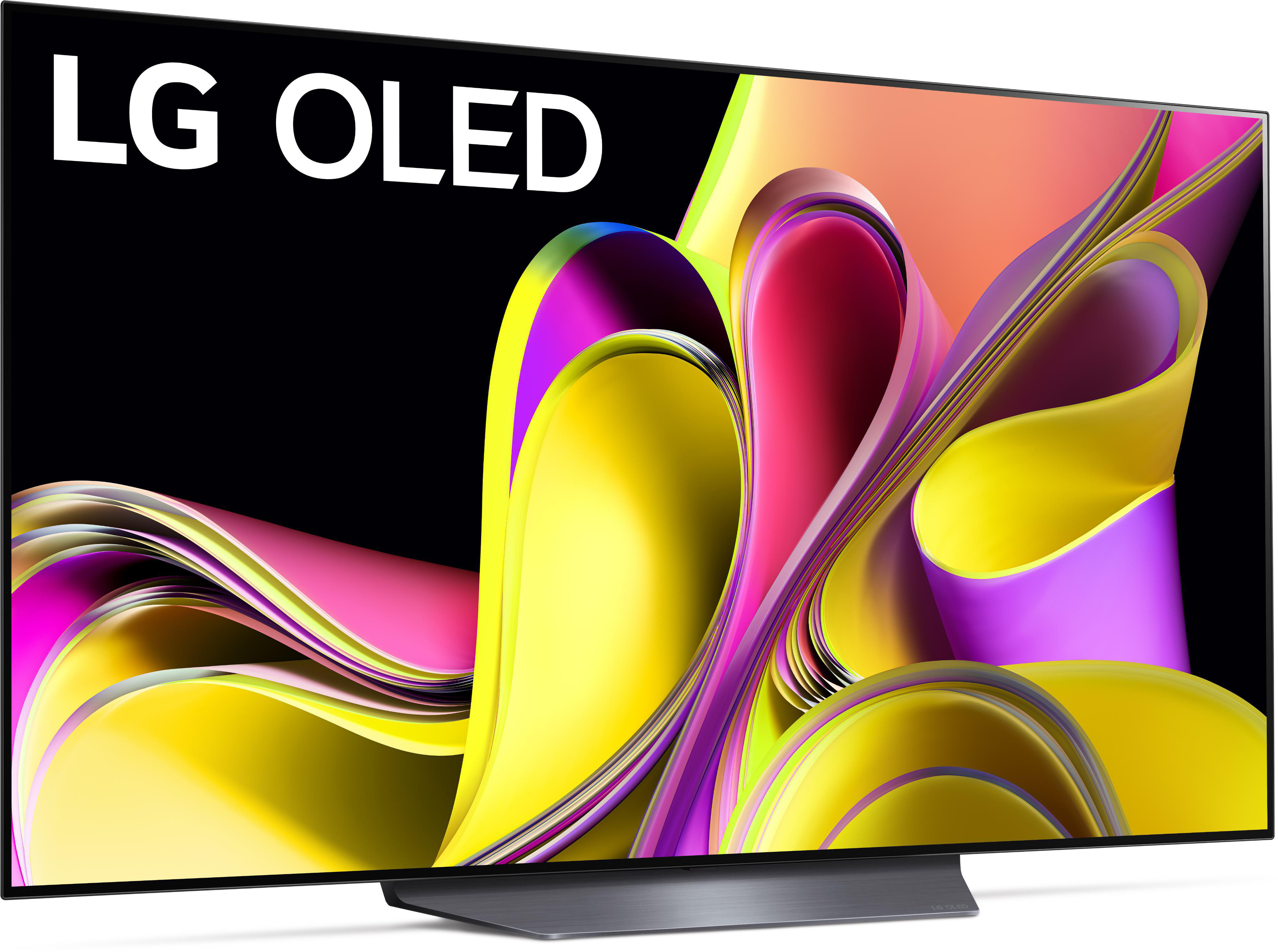 Ein großer LG OLED-Fernseher zeigt bunte, abstrakte Formen vor schwarzem Hintergrund. Das LG-Logo oben.