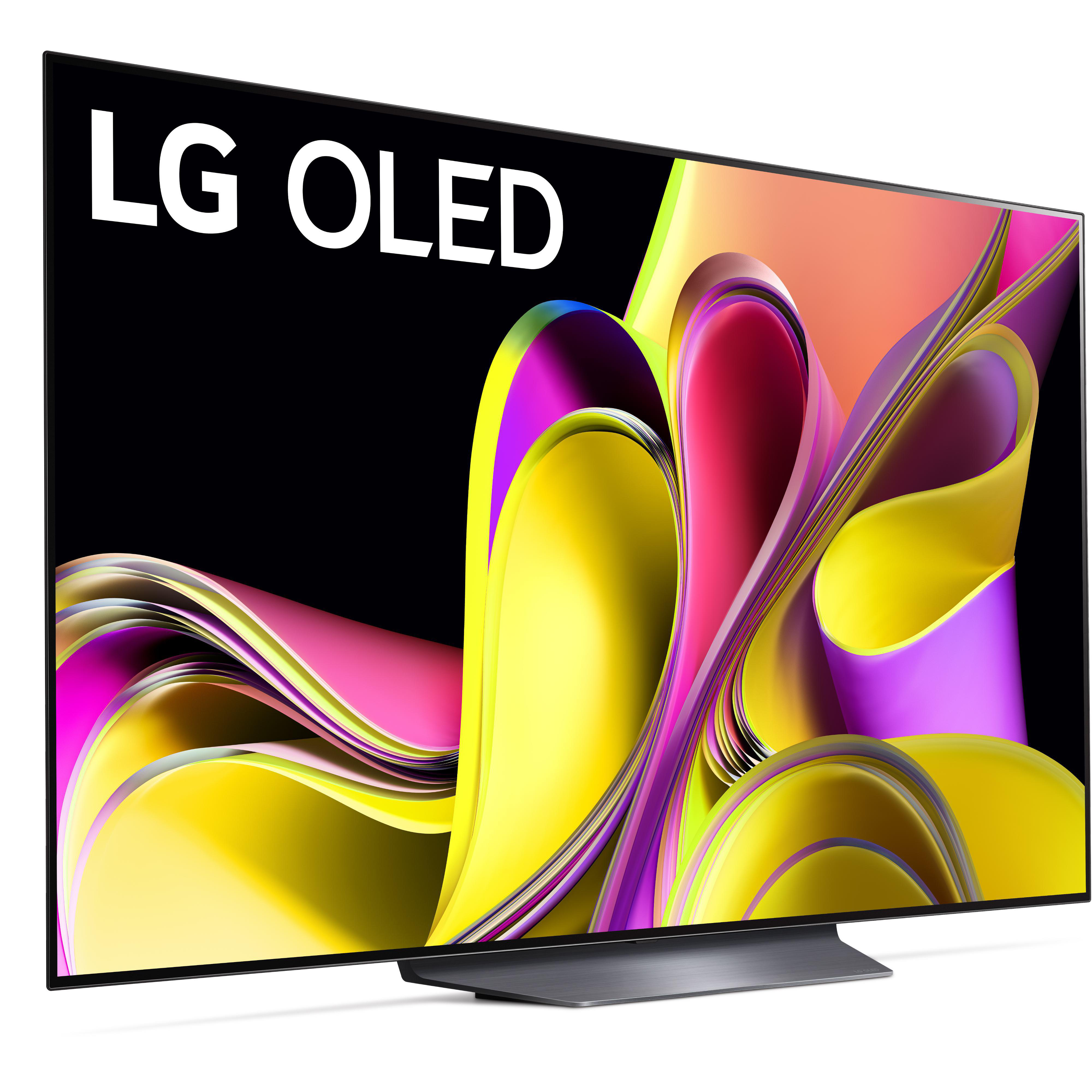 LG OLED Fernseher. Schwarzer Bildschirm mit buntem Design und 'LG OLED'.
