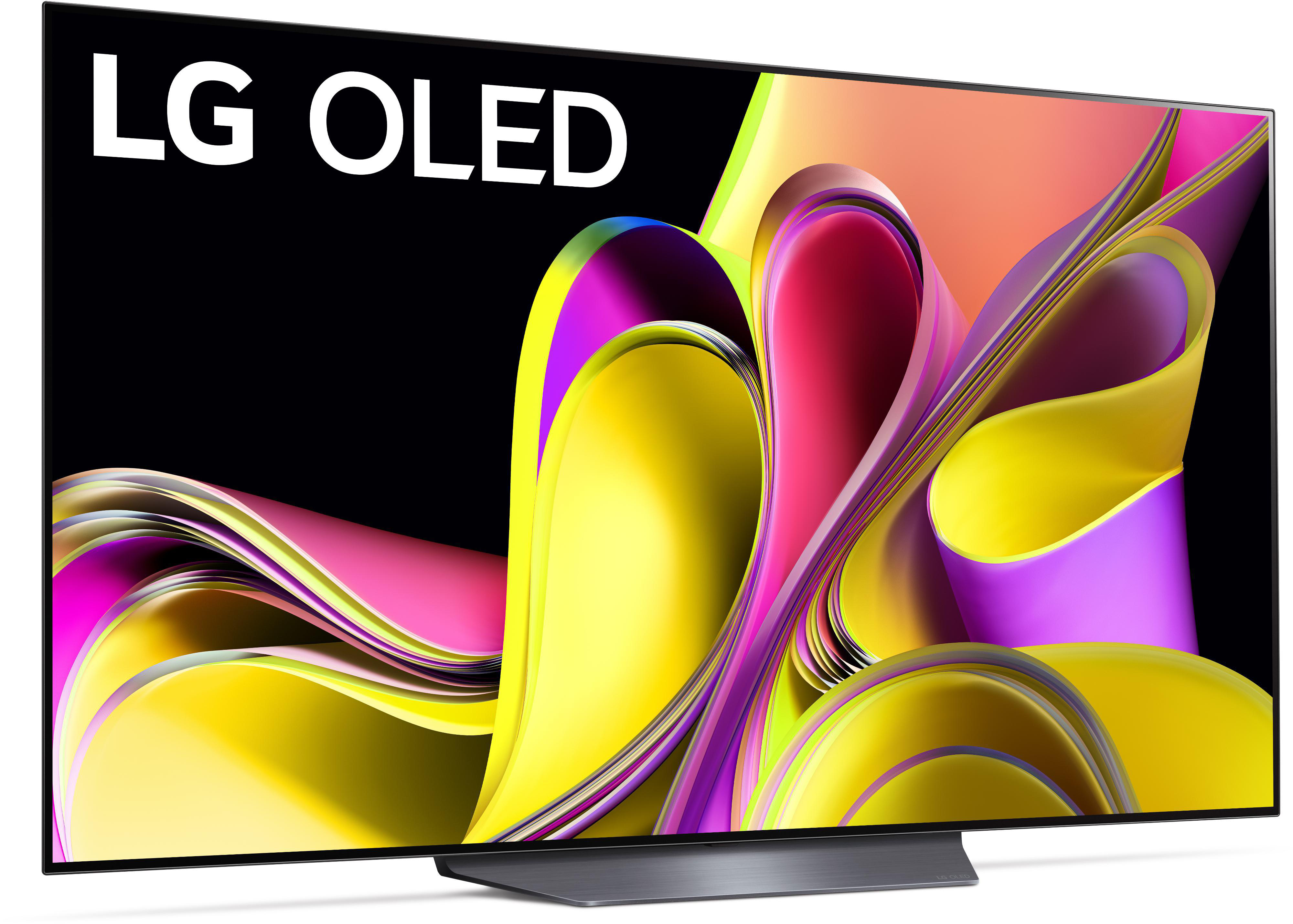 Ein großer LG OLED TV-Bildschirm zeigt ein lebendiges, farbenfrohes, abstraktes Bild, mit dem LG OLED-Logo sichtbar.