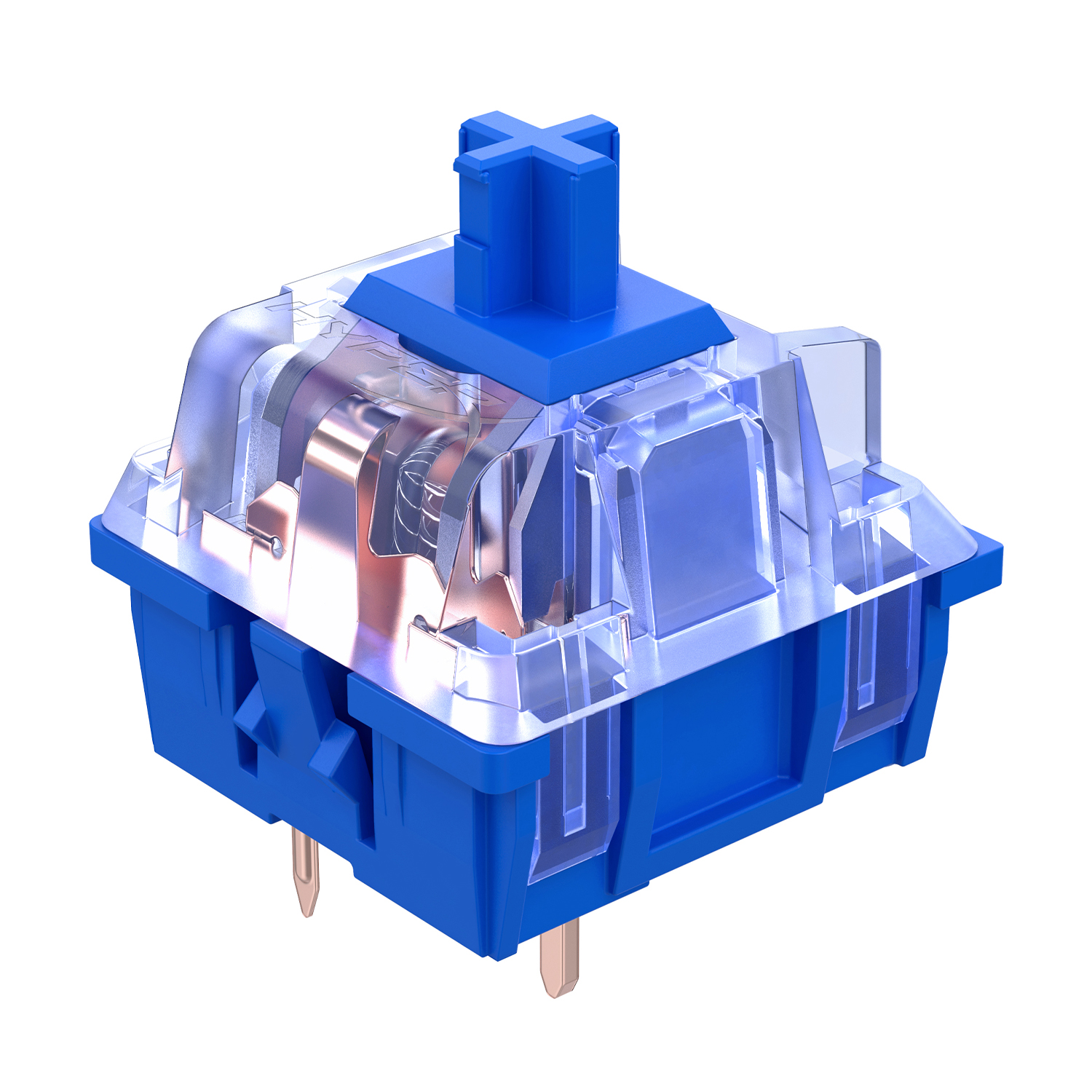 Interruttore per tastiera meccanica blu con involucro trasparente e componenti color rame.