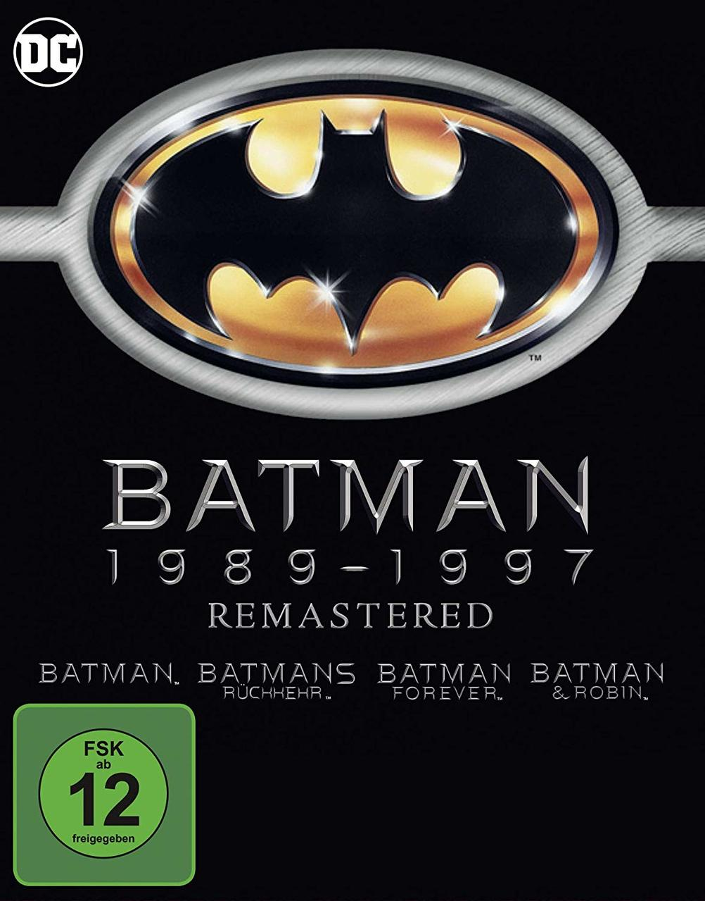 Batman DVD-Hülle mit Logo und Text 'Batman 1989-1997 Remastered' und Filmtiteln.