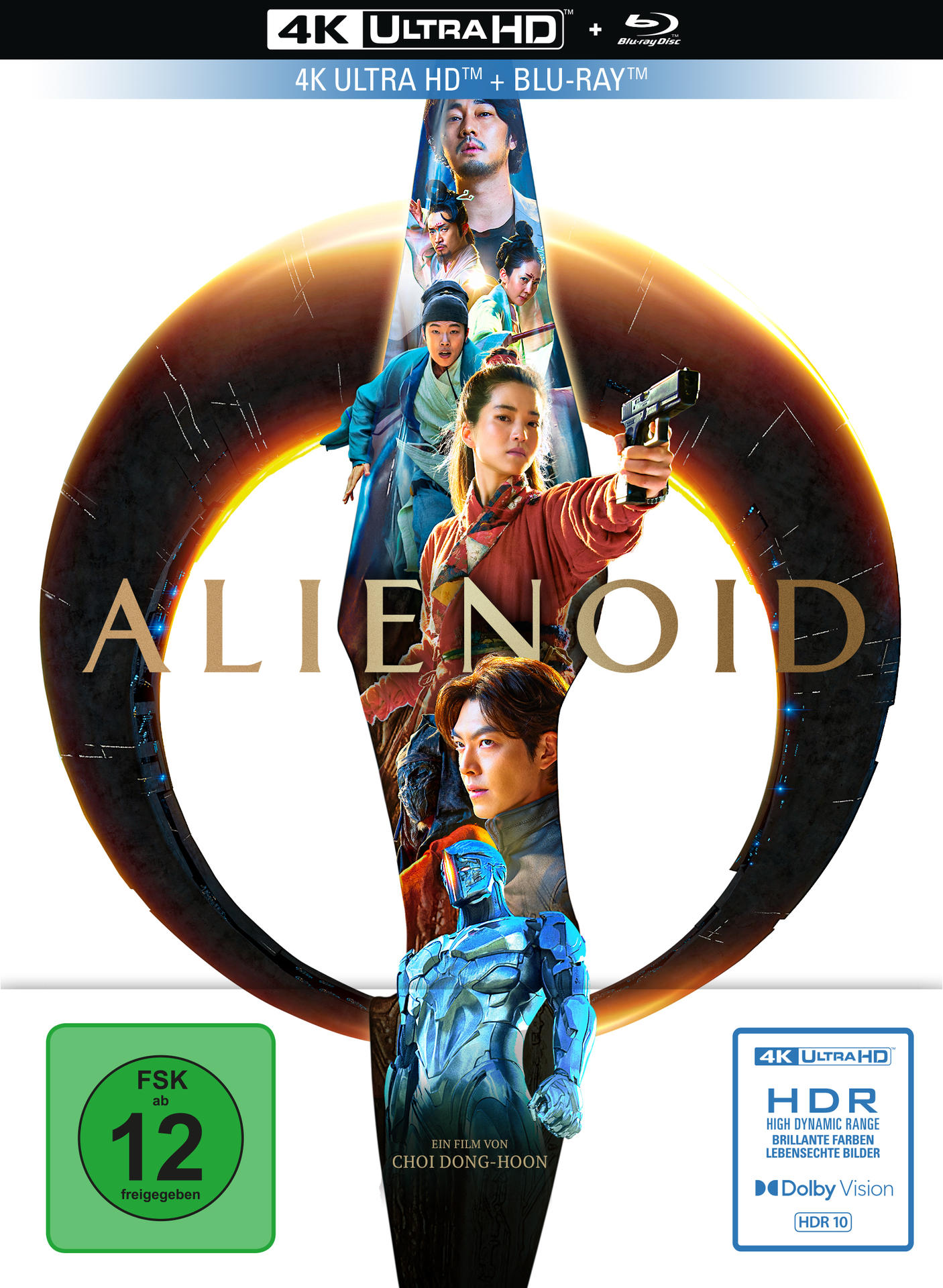 Alienoid Blu-ray-Cover. Zeigt eine Gruppe von Menschen mit Waffen und einen futuristischen Mann. Text auf Englisch und Koreanisch.