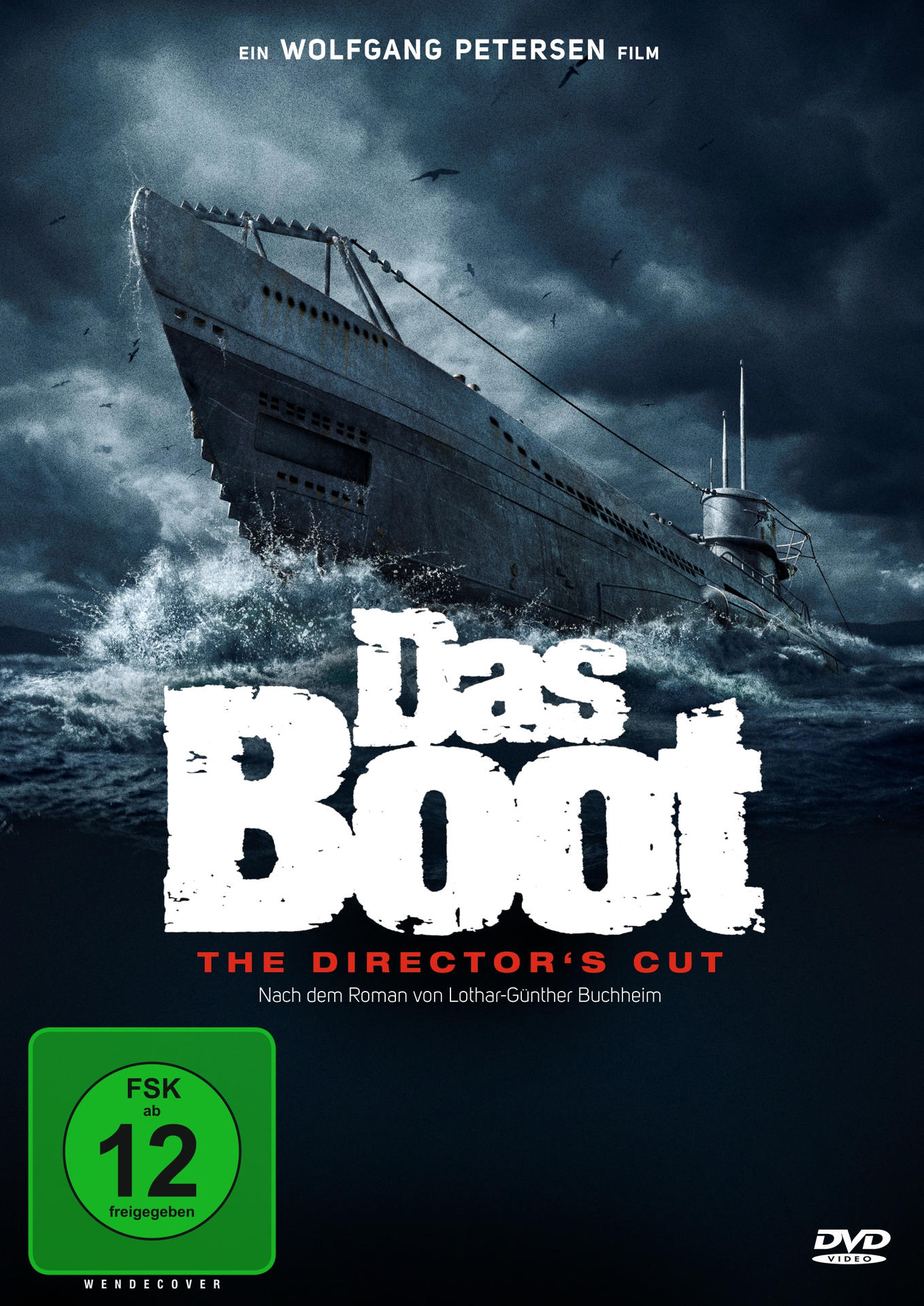 Das Boot DVD-Cover. Ein U-Boot auf dem Meer, dunkler Himmel im Hintergrund. Deutscher Text auf dem Cover.