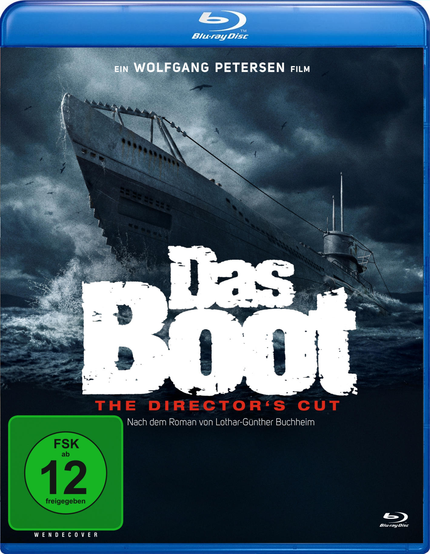 Blu-ray-Cover von Das Boot. U-Boot in stürmischem Wasser. Schwarz-Weiß-Bild.