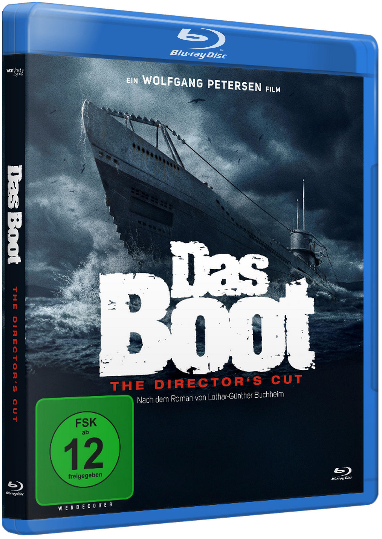 Blu-ray-Hülle mit Das Boot-Filmkunstwerk, das ein U-Boot auf stürmischer See zeigt.