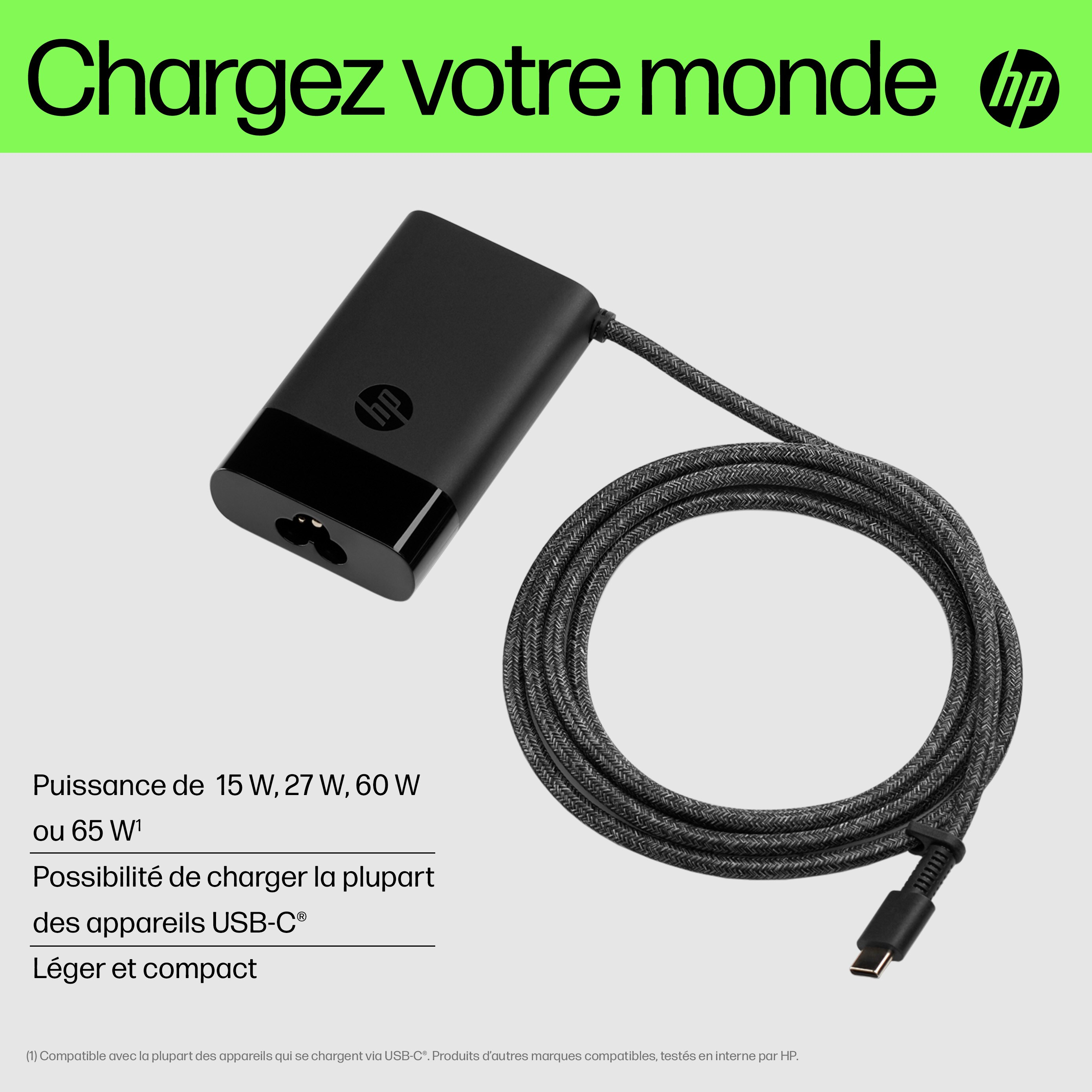 A black HP charger with a cable on a white background with text about power and USB-C.