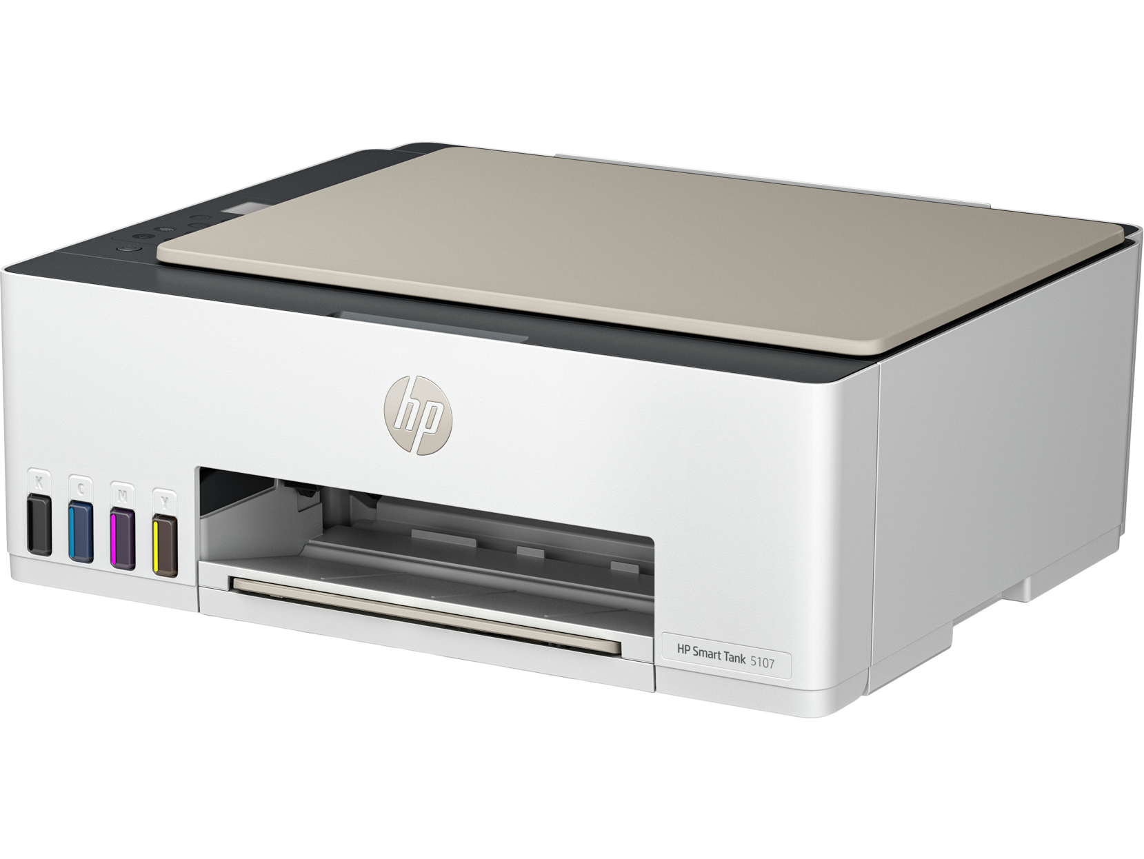 Una impresora HP Smart Tank 5107, cuerpo blanco con tapa beige y cartuchos de tinta negros.
