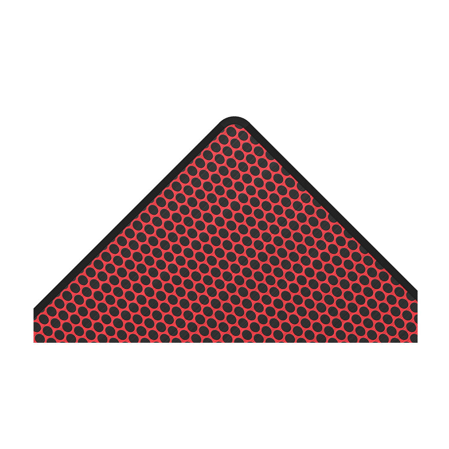 Tappetino triangolare rosso e nero con piccoli motivi circolari ripetuti. Bordo nero intorno.