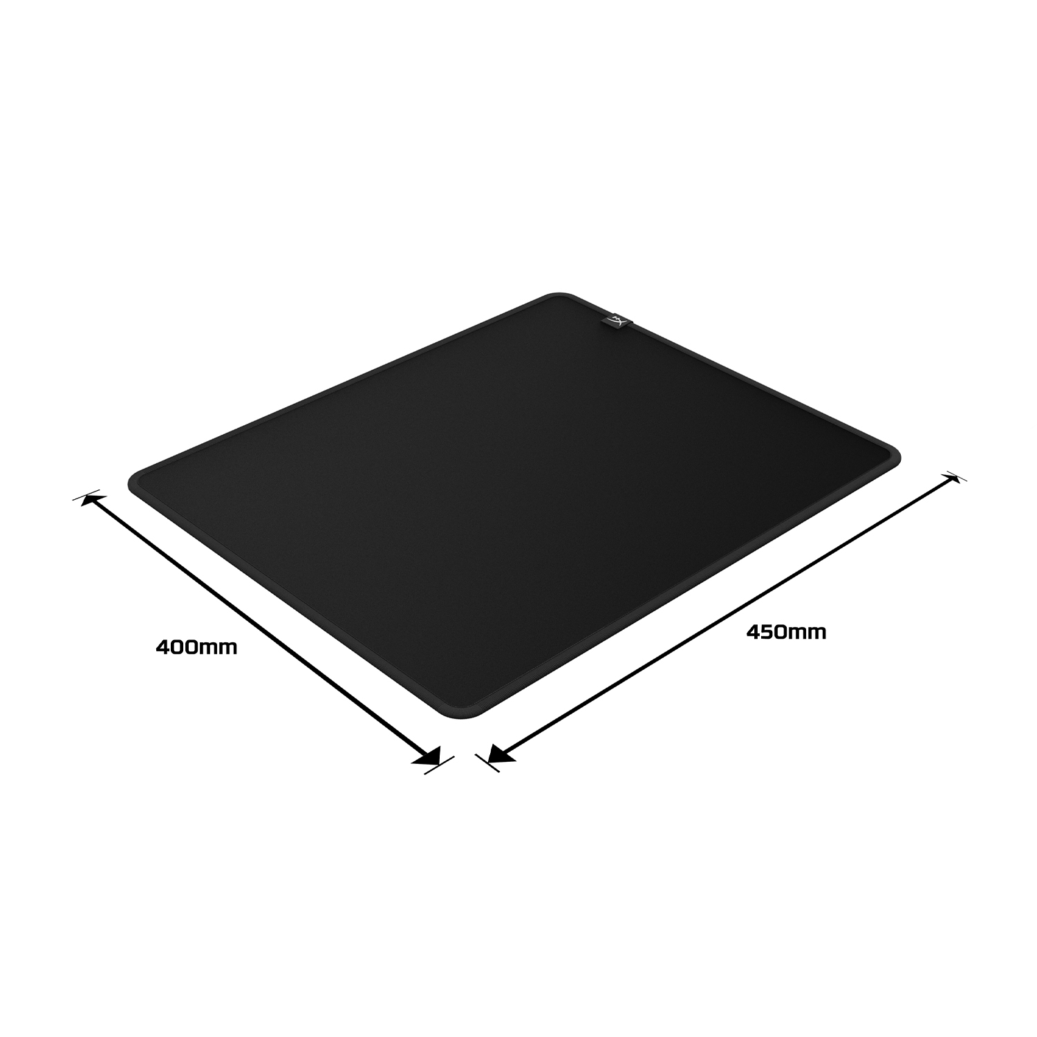 Un tappetino per mouse nero con dimensioni: 400 mm x 450 mm, con frecce che indicano le misure.