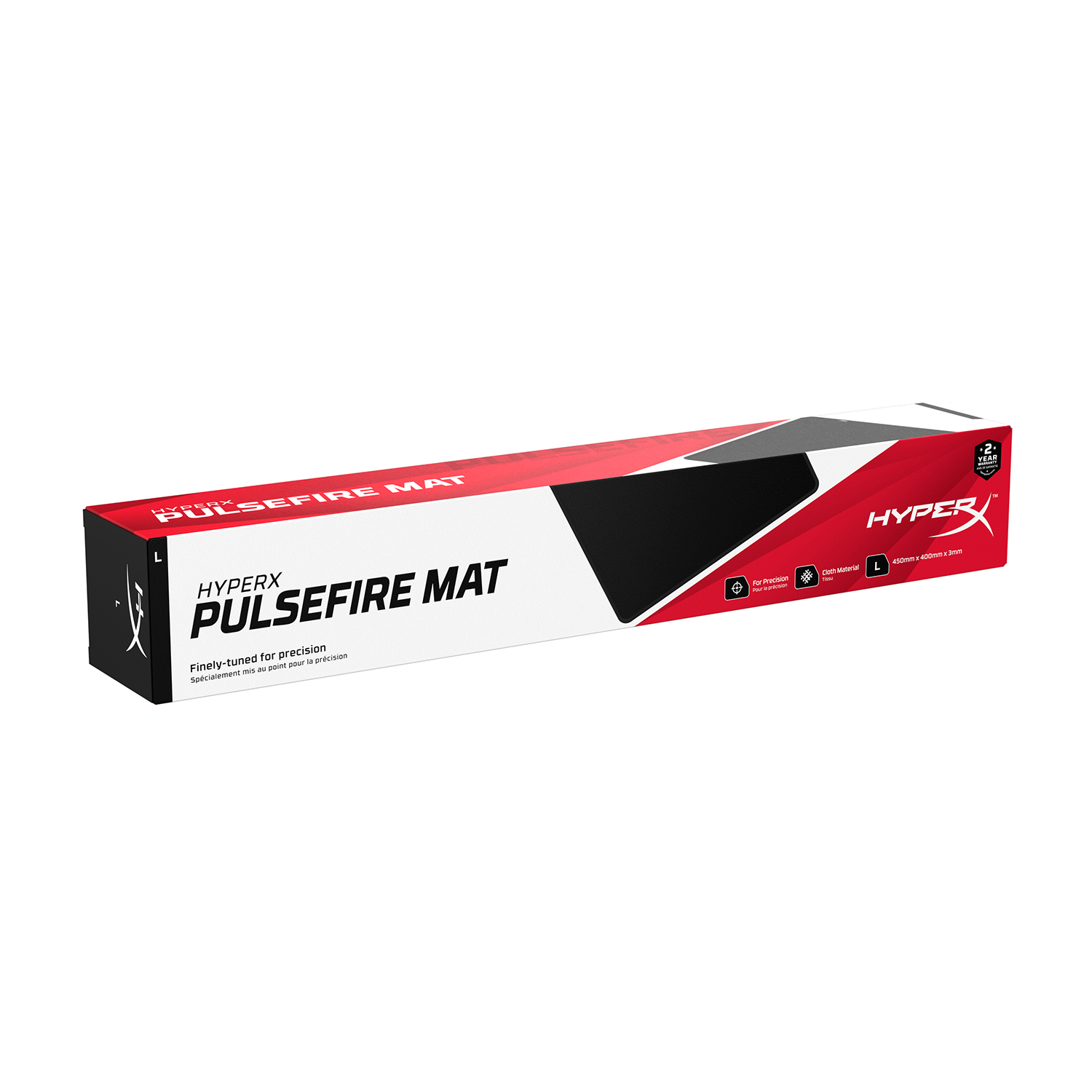 HyperX Pulsefire Mat nella confezione, scatola nera e rossa, sfondo bianco.