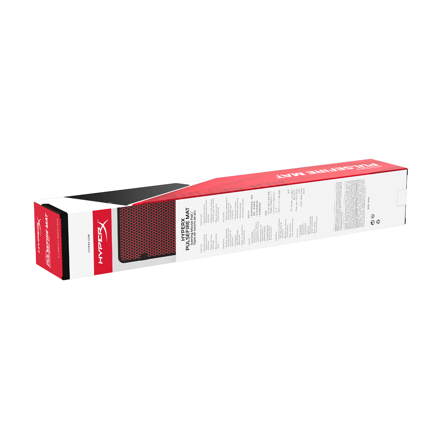 Una scatola lunga con un design rosso e nero. Ha un'etichetta HyperX Pulsefire Mat.
