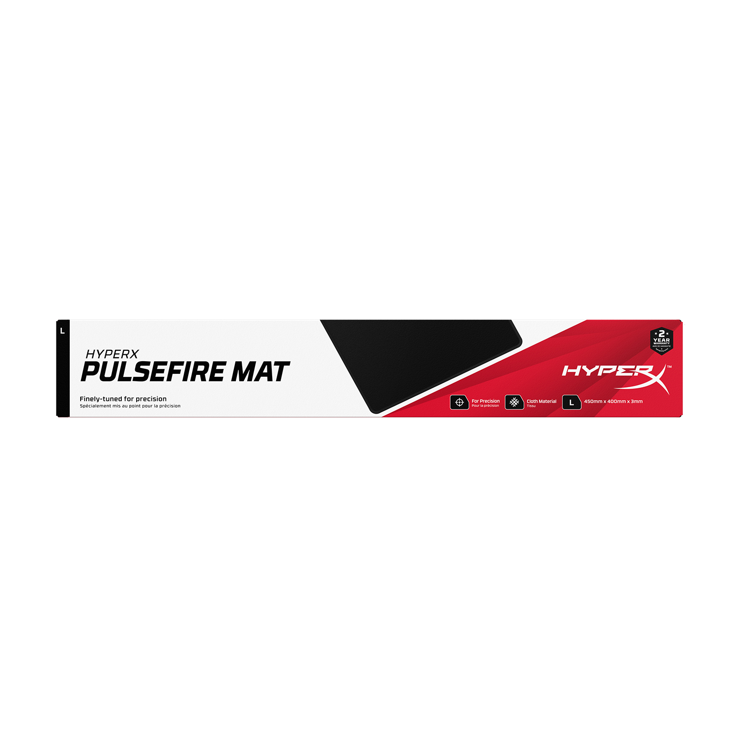 Tappetino per mouse HyperX Pulsefire Mat, nero con dettagli rossi e informazioni sul prodotto, su sfondo bianco.