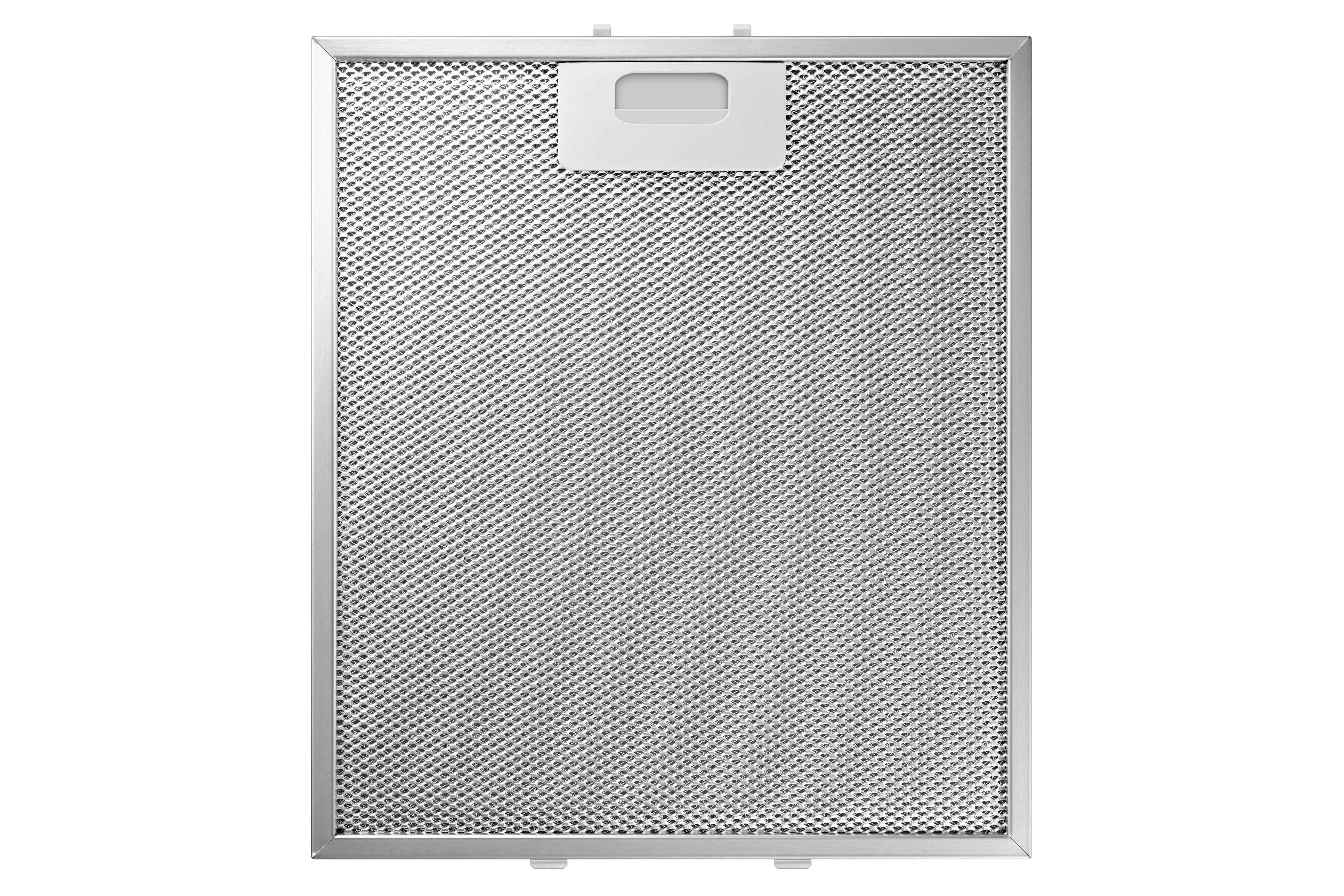 Rechteckiger Metallfilter mit Griff. Nahaufnahme auf weißem Hintergrund.