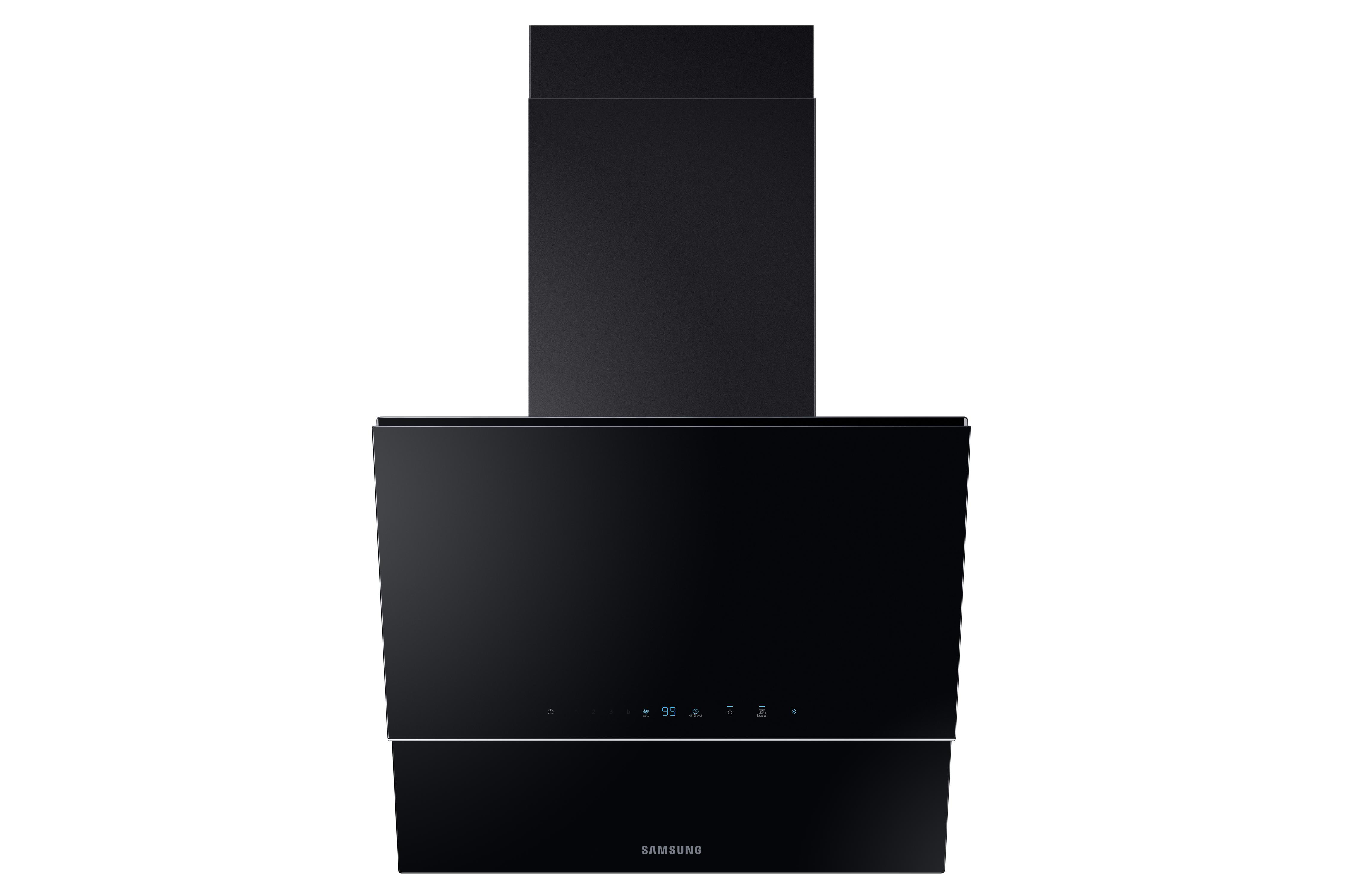 Schwarze Samsung-Dunstabzugshaube, schlankes Design. Sie hat einen rechteckigen Körper und ein Digitaldisplay.