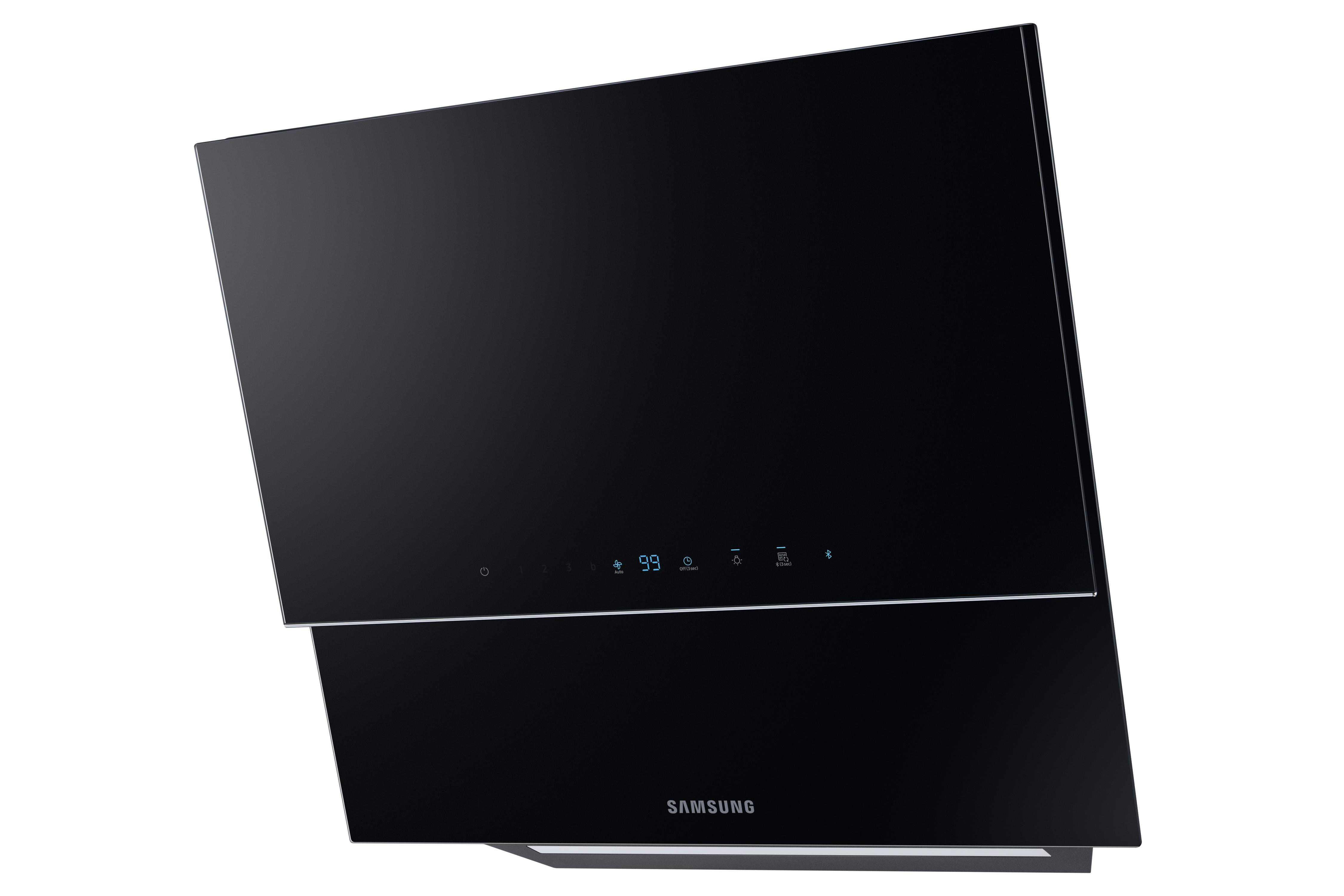 Schwarze Küchenhaube mit Digitalanzeige und Samsung-Logo.