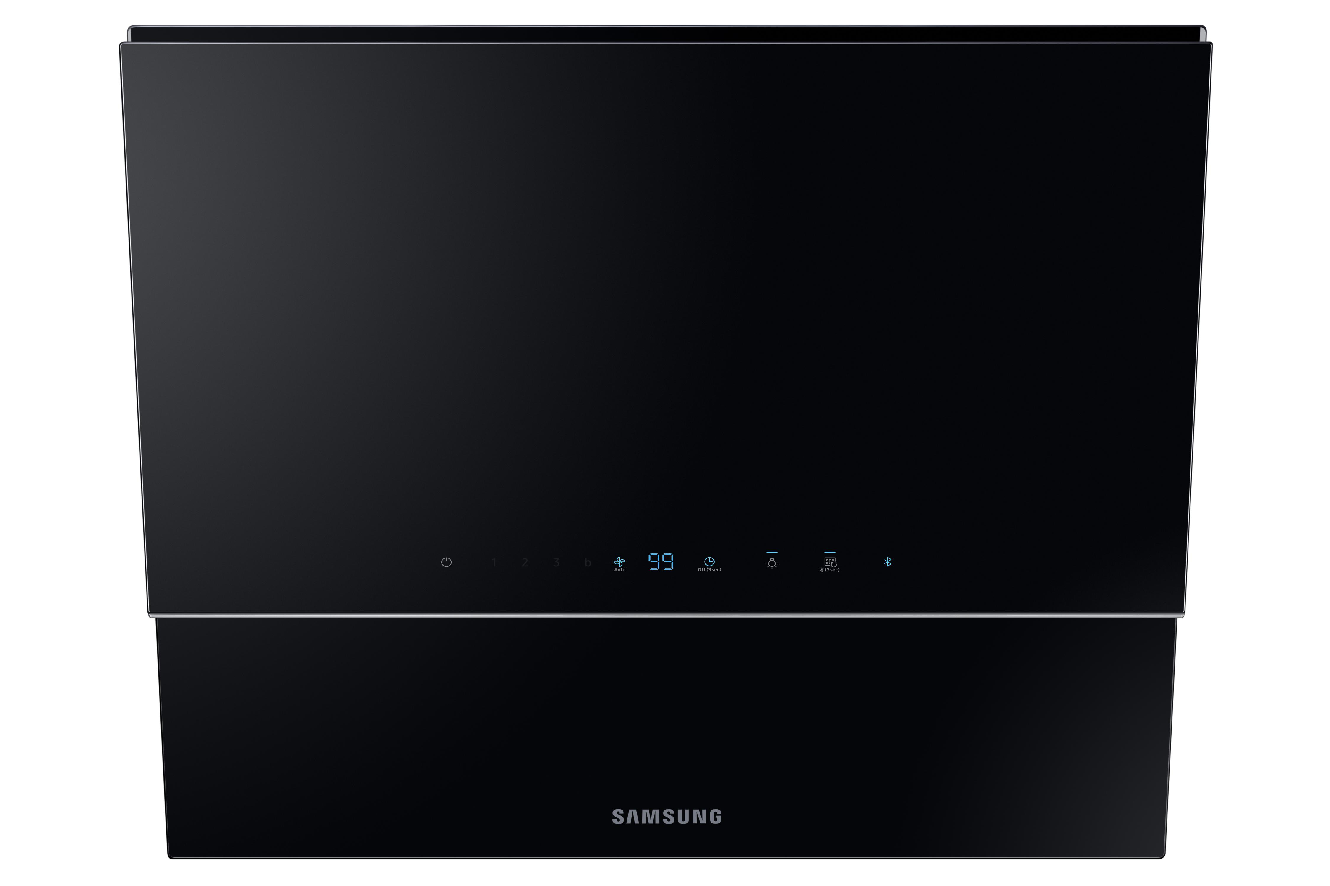 Schwarze Samsung Dunstabzugshaube mit Digitalanzeige. Weißer Hintergrund.