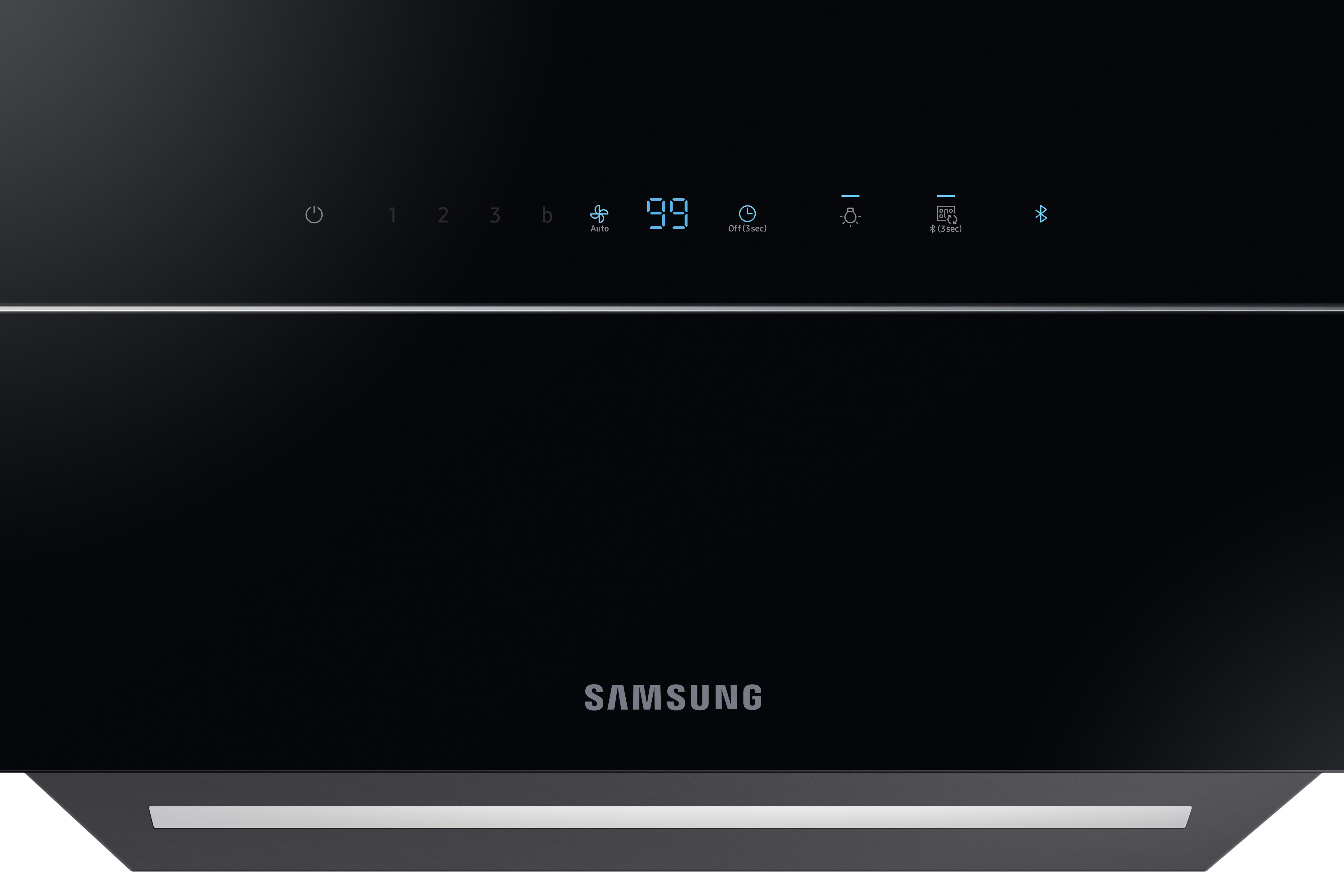Schwarze Dunstabzugshaube mit Bedienfeld, Samsung-Logo und Lichtleiste.
