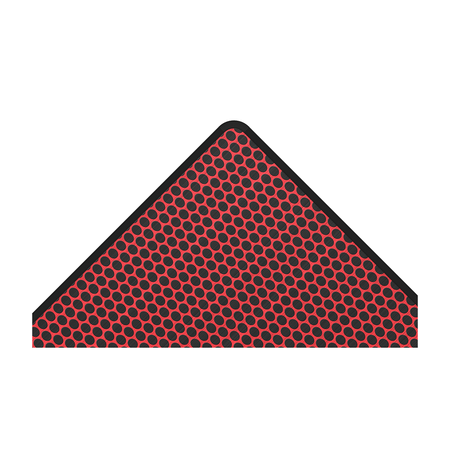 Tappetino triangolare rosso e nero con motivo circolare ripetuto su sfondo bianco.