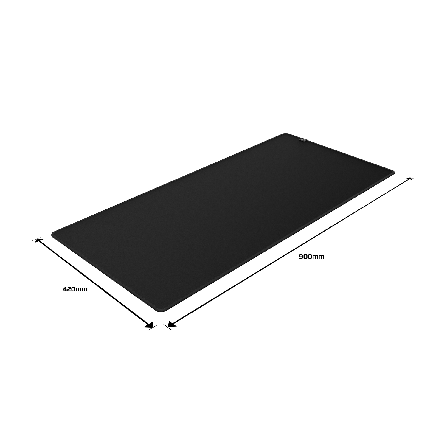 Tappetino per mouse rettangolare nero con dimensioni, su sfondo bianco.