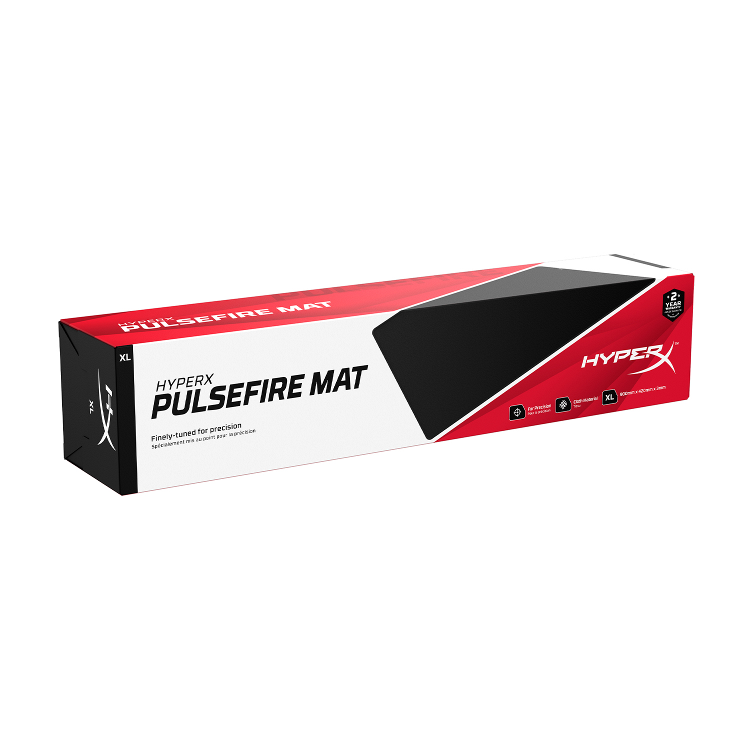 Scatola con testo 'HyperX Pulsefire Mat'. È una scatola per tappetino per mouse nera, rossa e bianca.