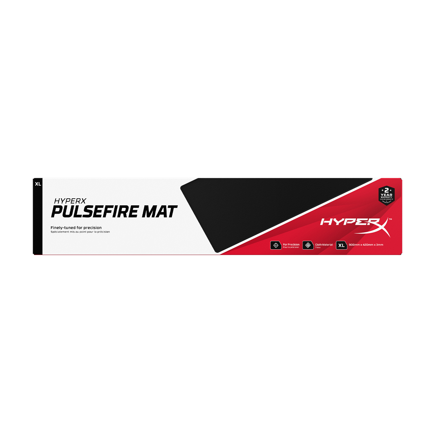 Una scatola in bianco e nero per un HyperX Pulsefire Mat, con un logo rosso e un badge di garanzia di 2 anni.