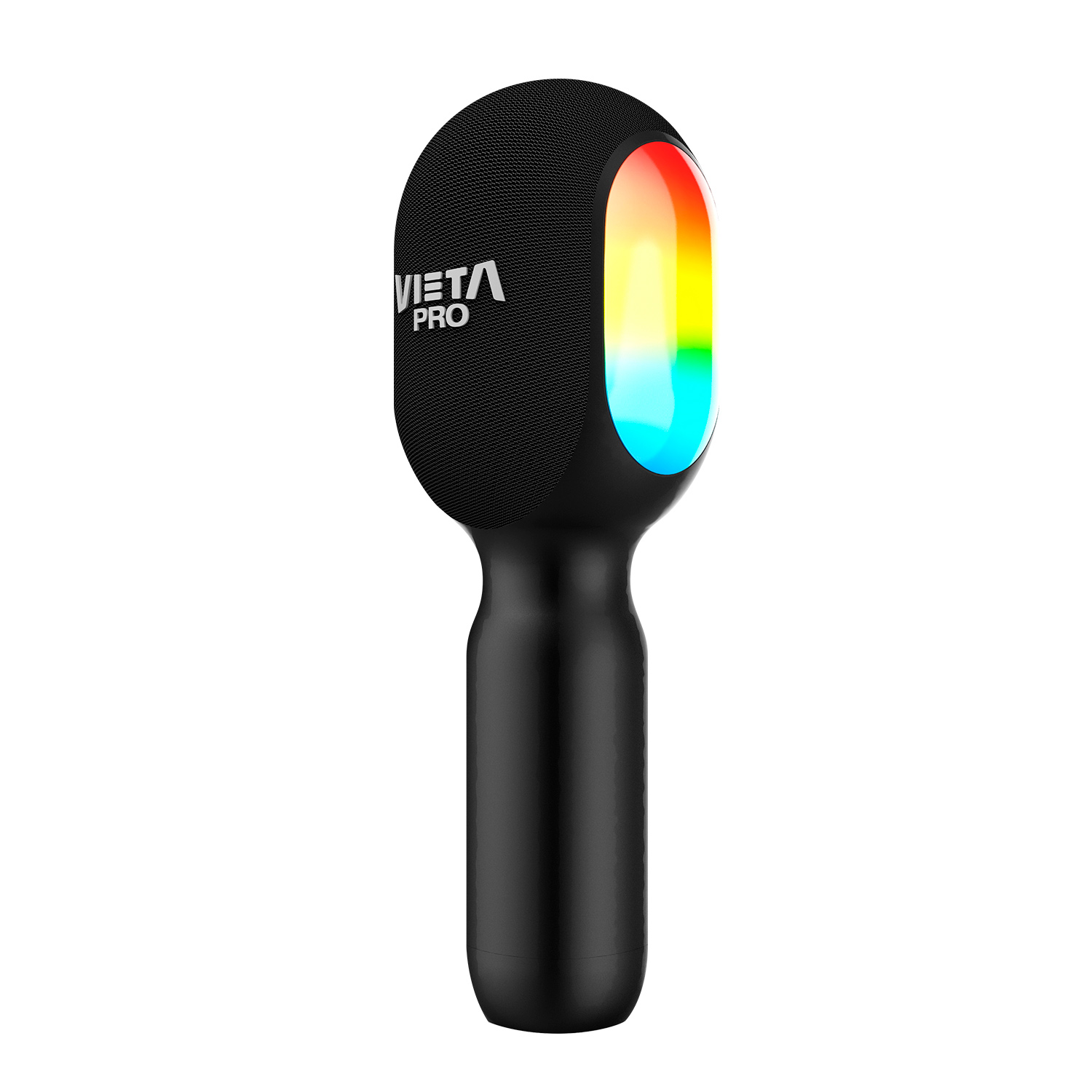 Micrófono Veta Pro negro con luz LED de color cambiante en la parte superior.