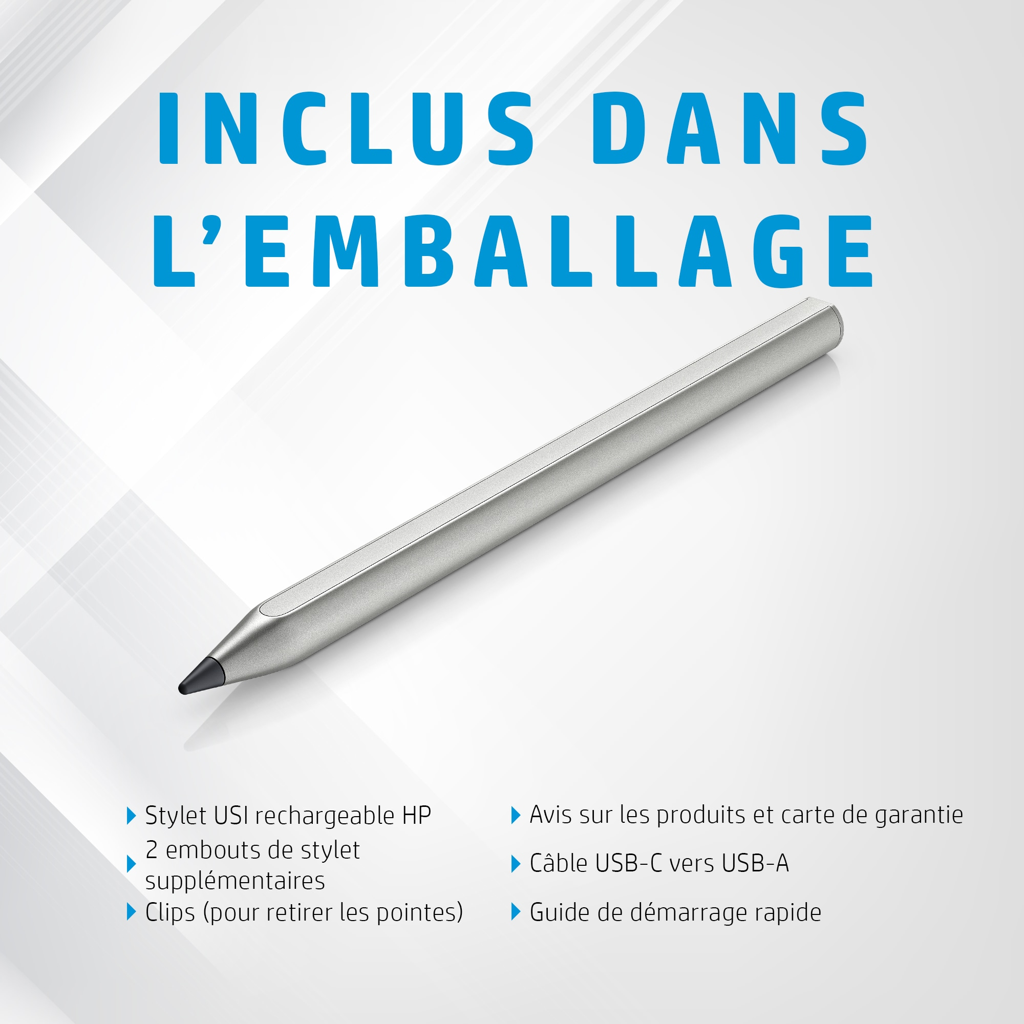 Een zilveren styluspen met Franse tekst die de items in de verpakking opsomt.