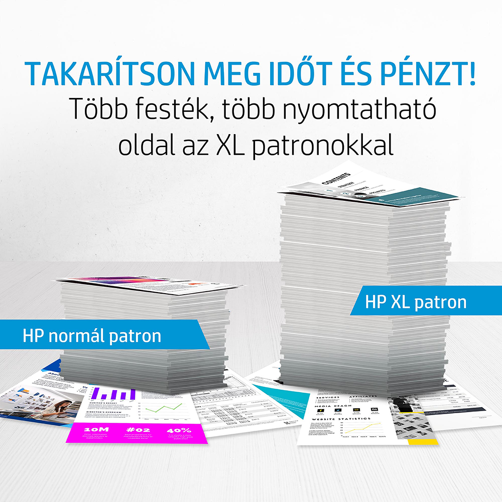 Két papírköteg; az egyik 'HP normal patron', a másik 'HP XL patron' felirattal, felül szöveggel.